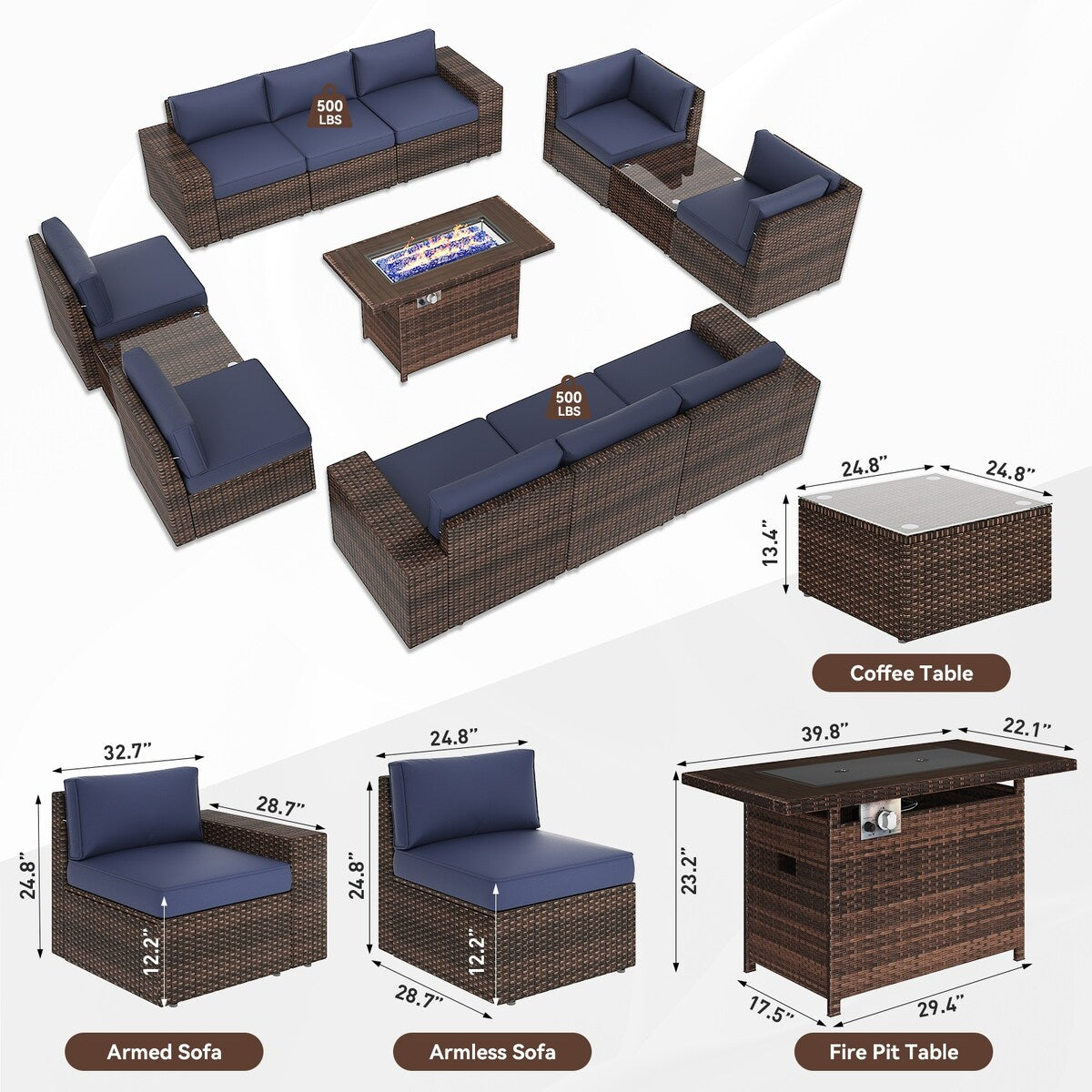 Ensemble de meubles de patio 13 pièces avec table de foyer 44