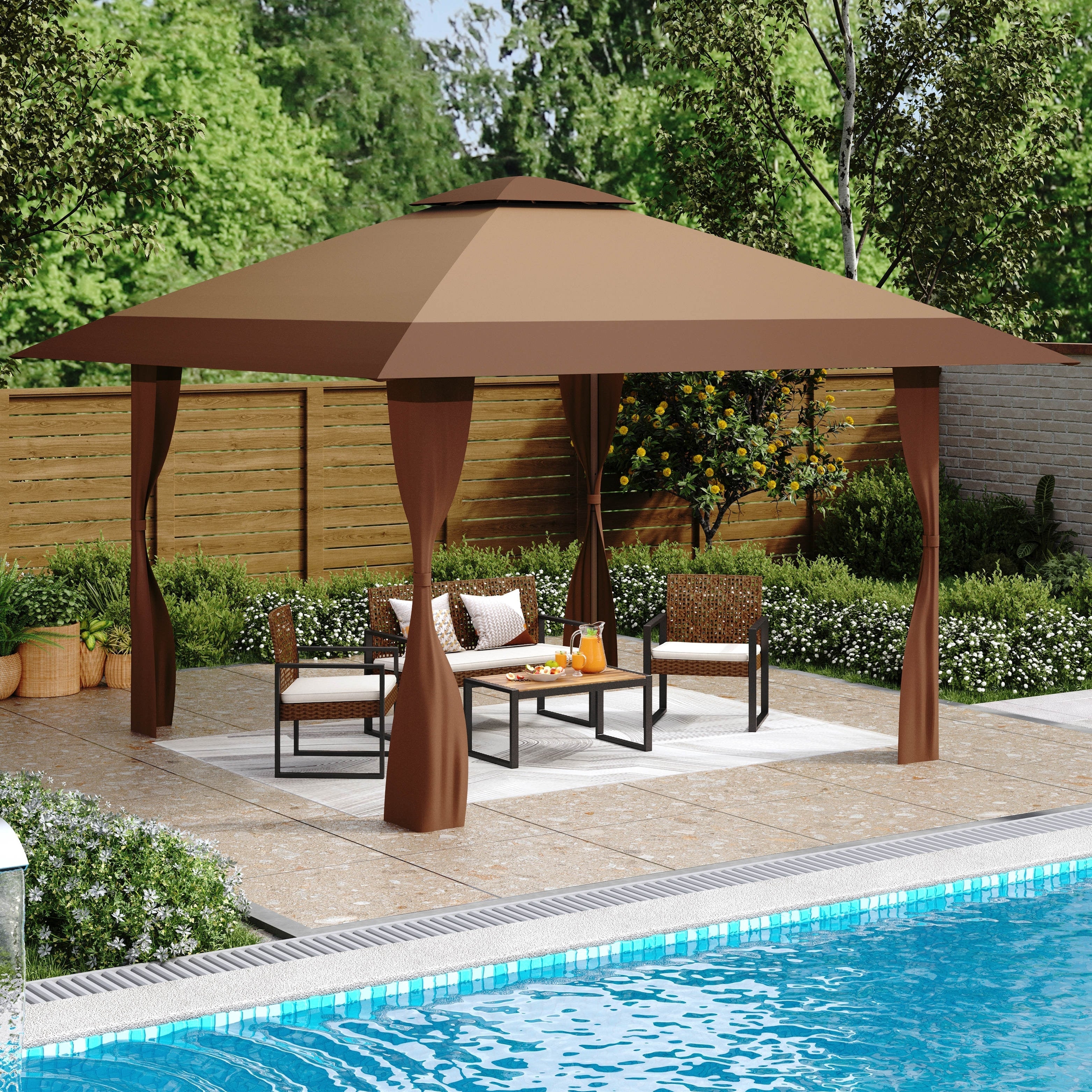 Gazebo de jardin renforcé escamotable avec rideau d'angle élégant - 13 x 13 pi