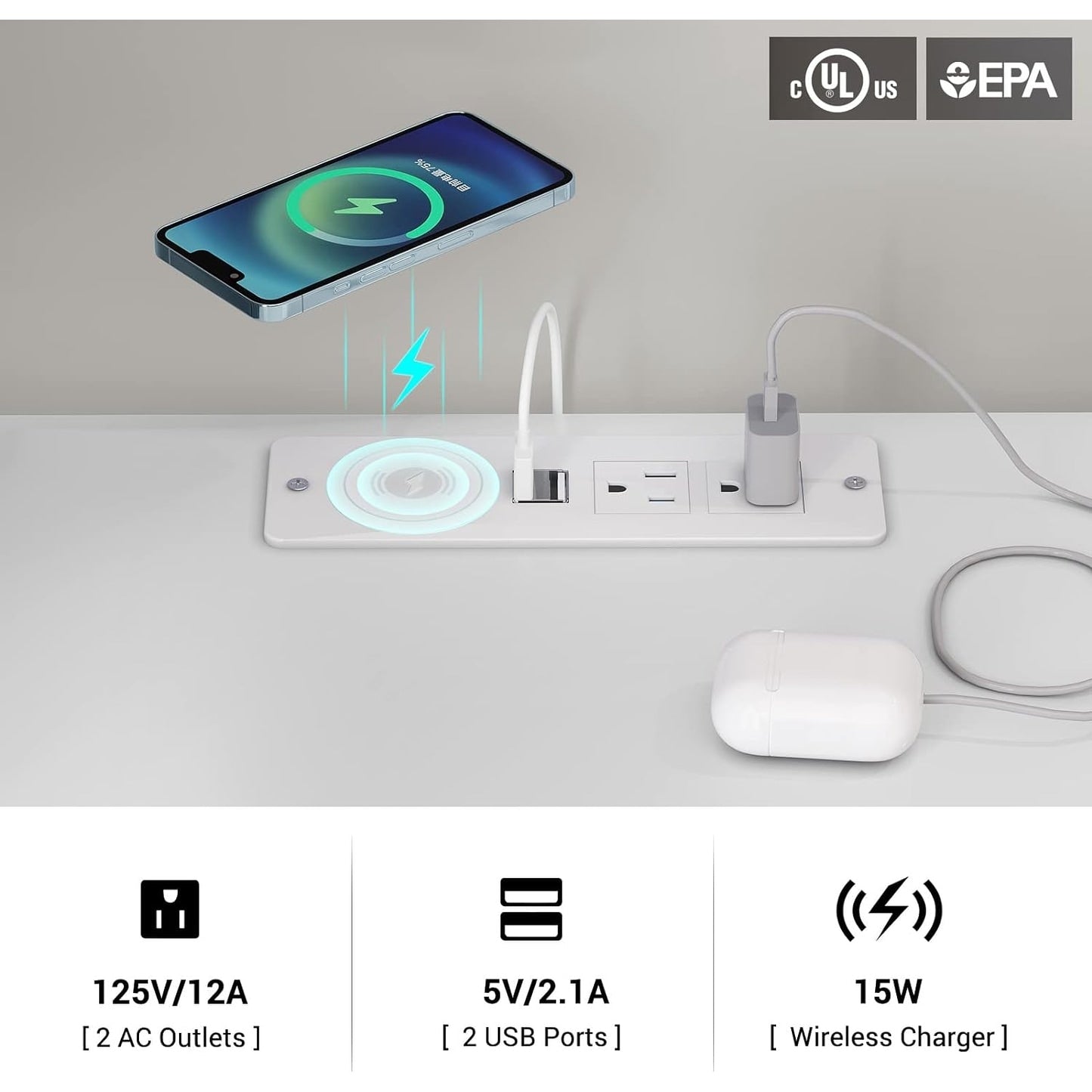 Table de chevet à 2 tiroirs avec LED, station de charge sans fil et étagère coulissante