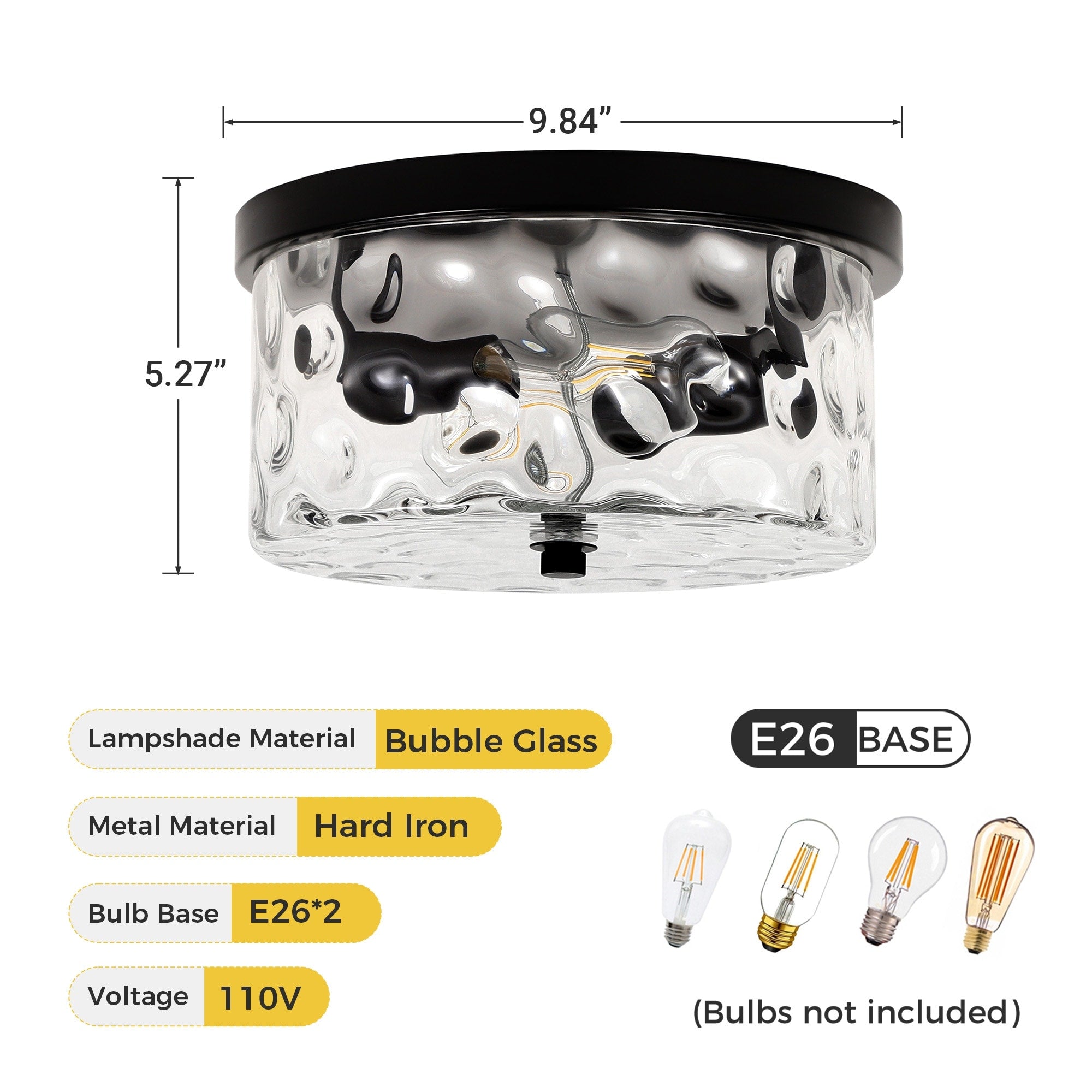 Plafonnier encastré à 2 lumières avec verre martelé transparent