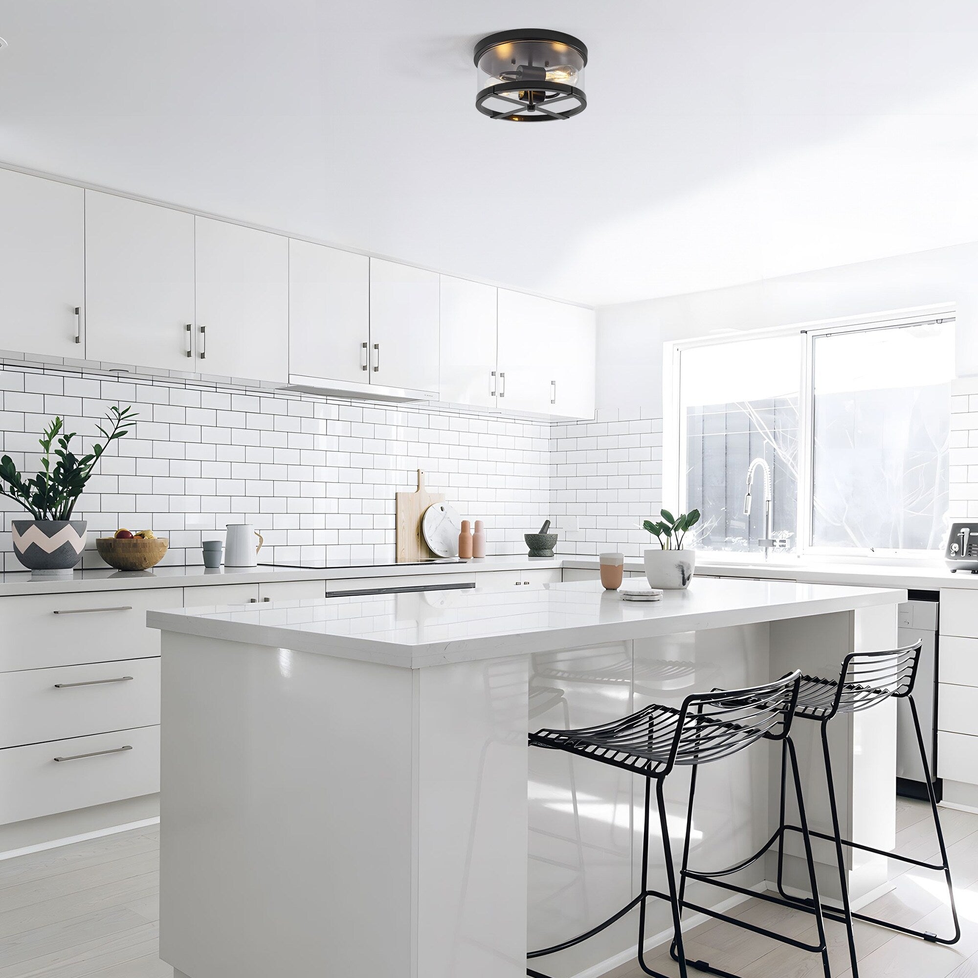 Plafonnier encastré à 2 lumières en verre transparent avec cadre en métal