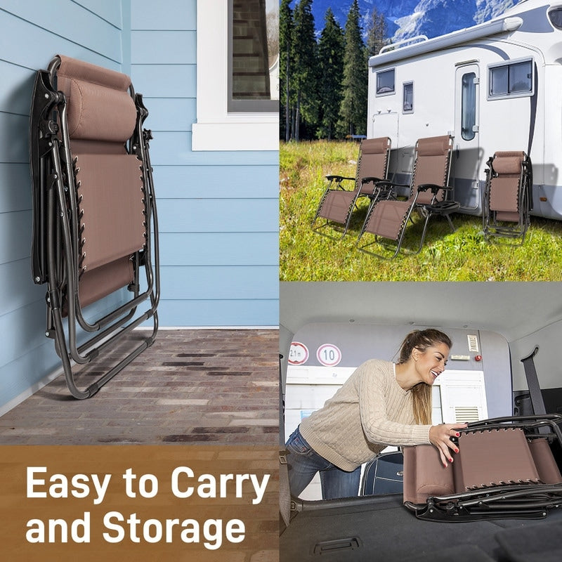 Chaise longue pliable portable à gravité zéro, 2 pièces, avec porte-gobelet