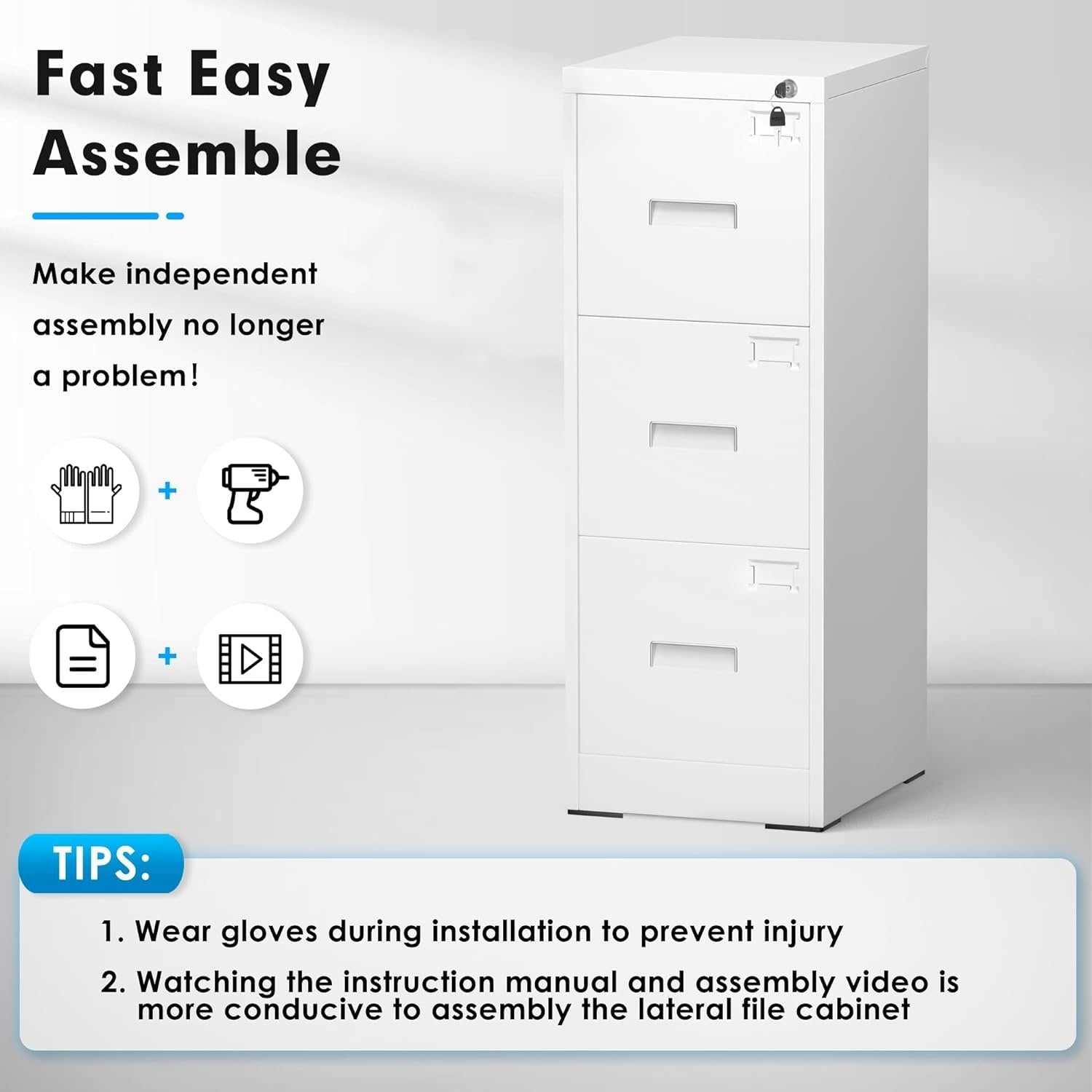 Classeur métallique verrouillable à 3 tiroirs pour bureau à domicile, armoire roulante entièrement assemblée