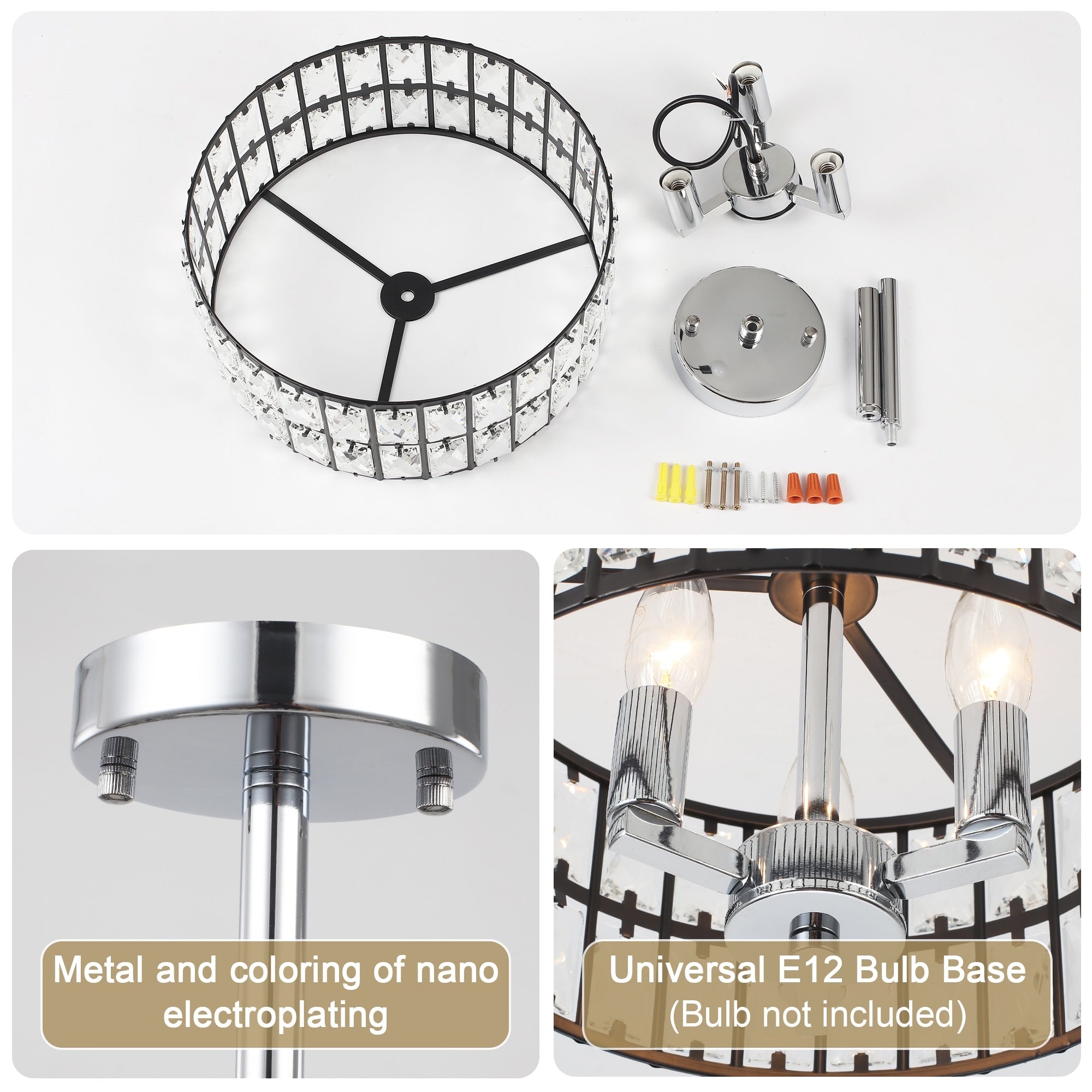 Plafonnier semi-encastré à 3 lumières en cristal pour salon et couloir