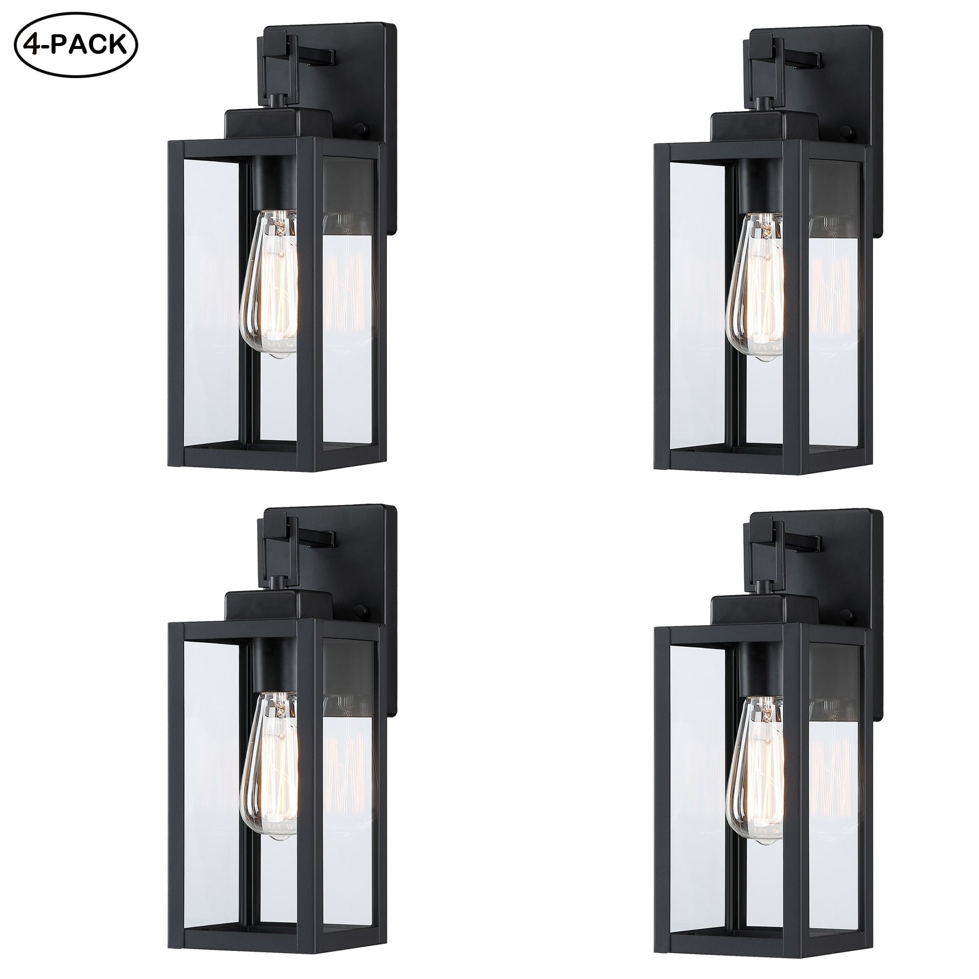 Lot de 4 appliques murales d'extérieur à 1 lampe avec finition noir mat et abat-jour en verre transparent