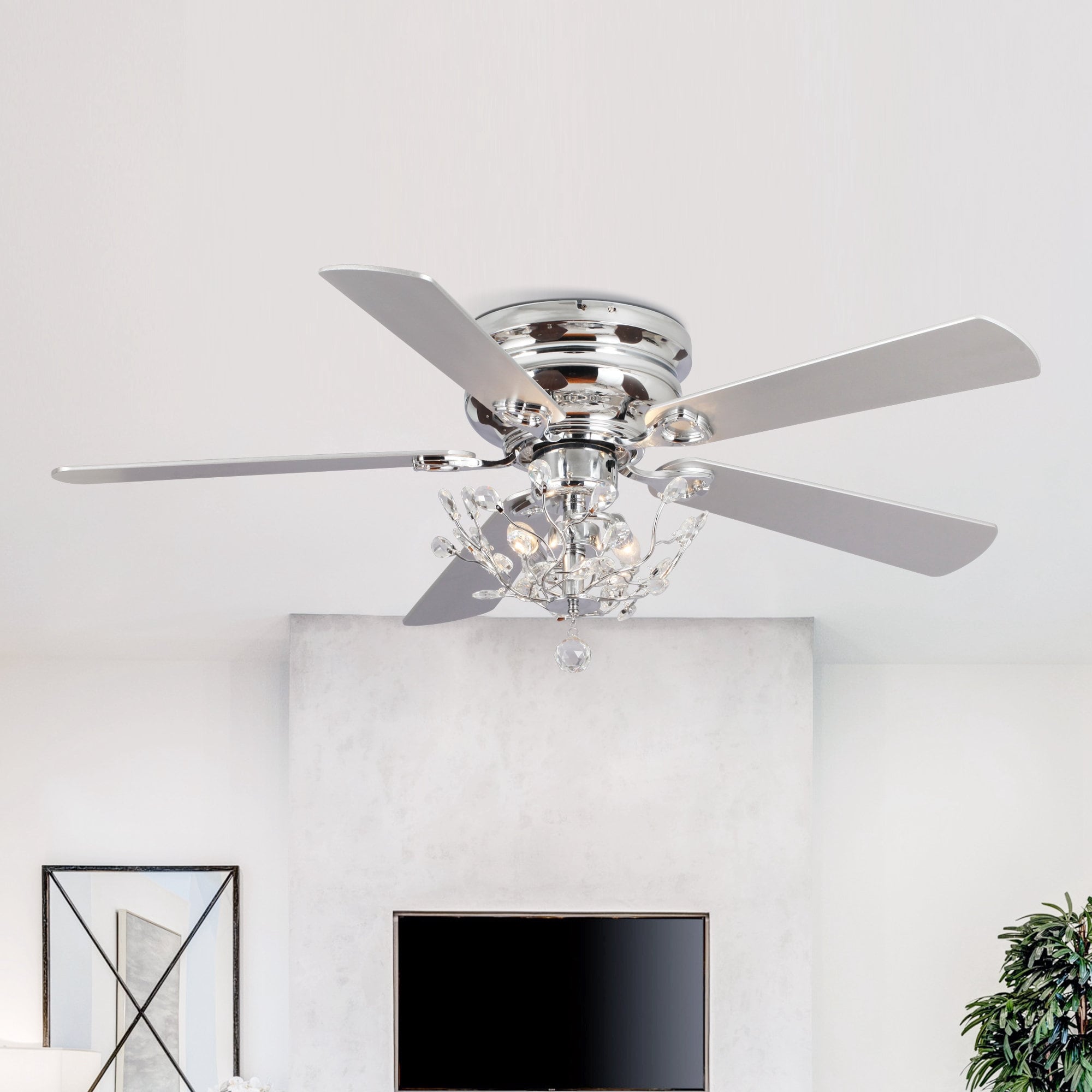Ventilateur de plafond encastré moderne réversible à 5 pales en cristal avec télécommande