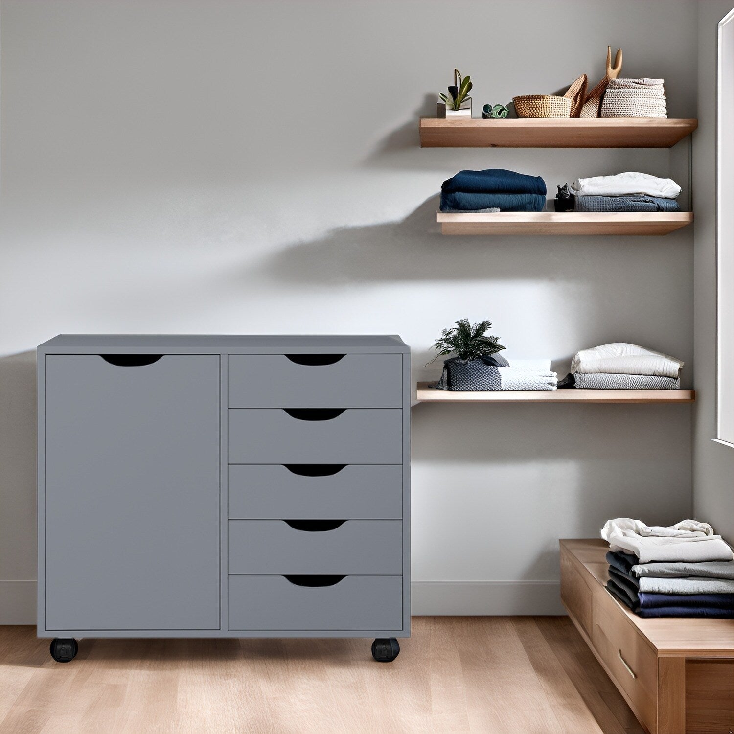 Commode de rangement en bois à 5 tiroirs avec roulettes - Organisateur d'artisanat et tiroir de maquillage pour placard et chambre