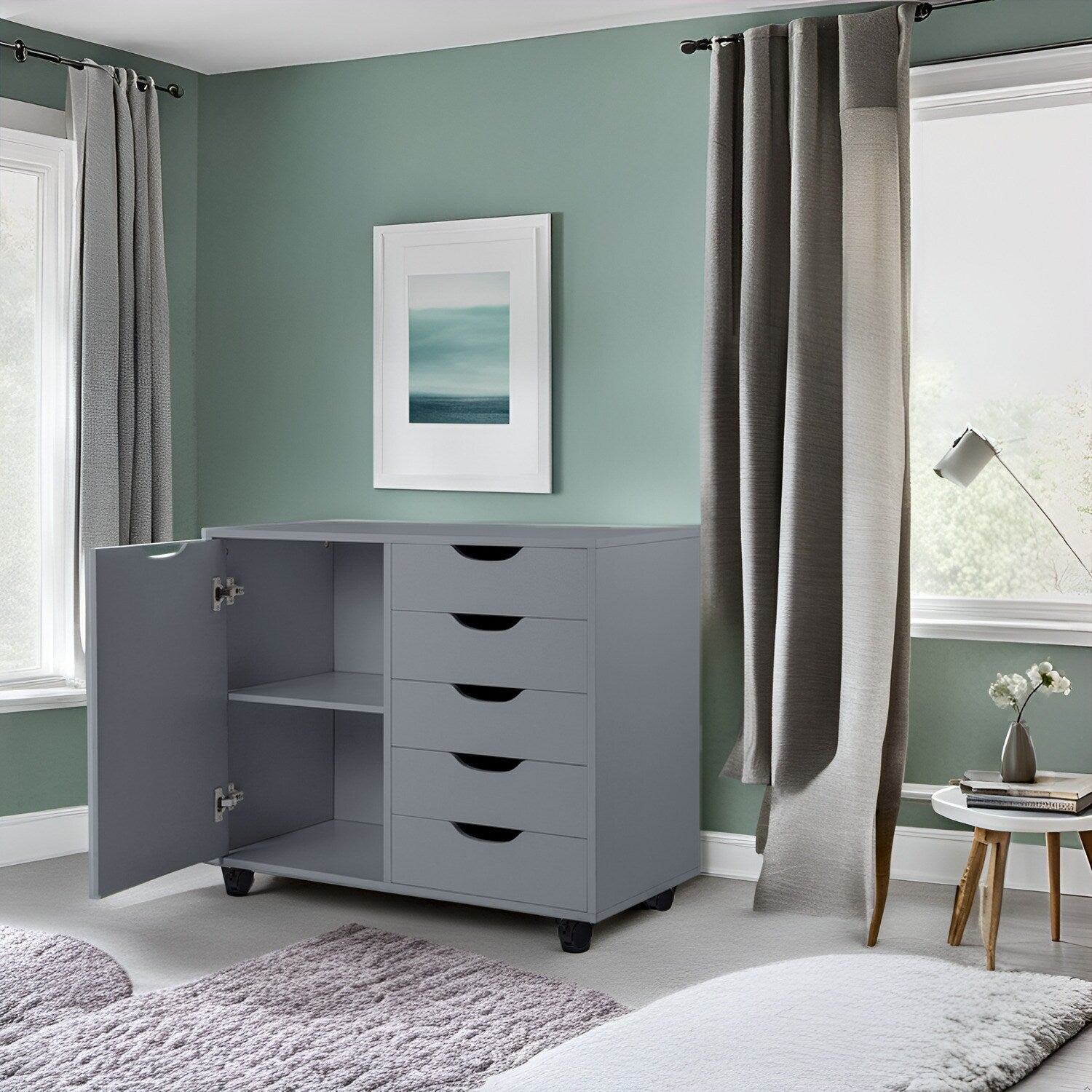 Commode de rangement en bois à 5 tiroirs avec roulettes - Organisateur d'artisanat et tiroir de maquillage pour placard et chambre