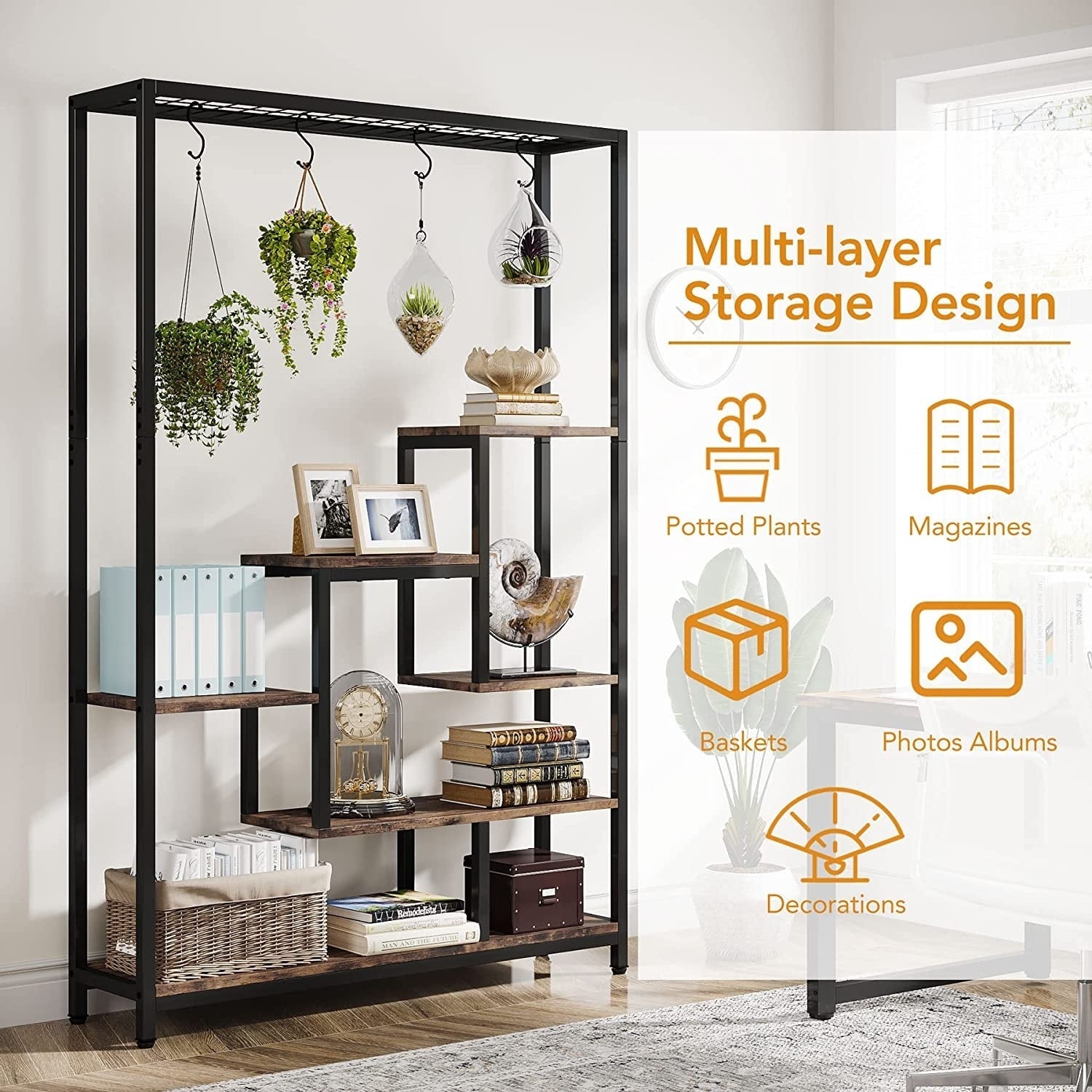 Support pour plantes d'intérieur haut à 5 niveaux, étagère pour plantes de 180 cm avec 10 crochets de suspension