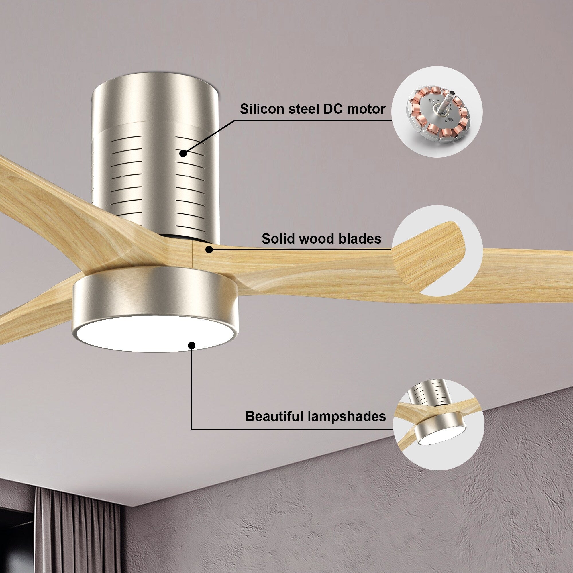Ventilateur de plafond encastré de style campagnard de 52 pouces avec éclairage et télécommande, moteur CC réversible