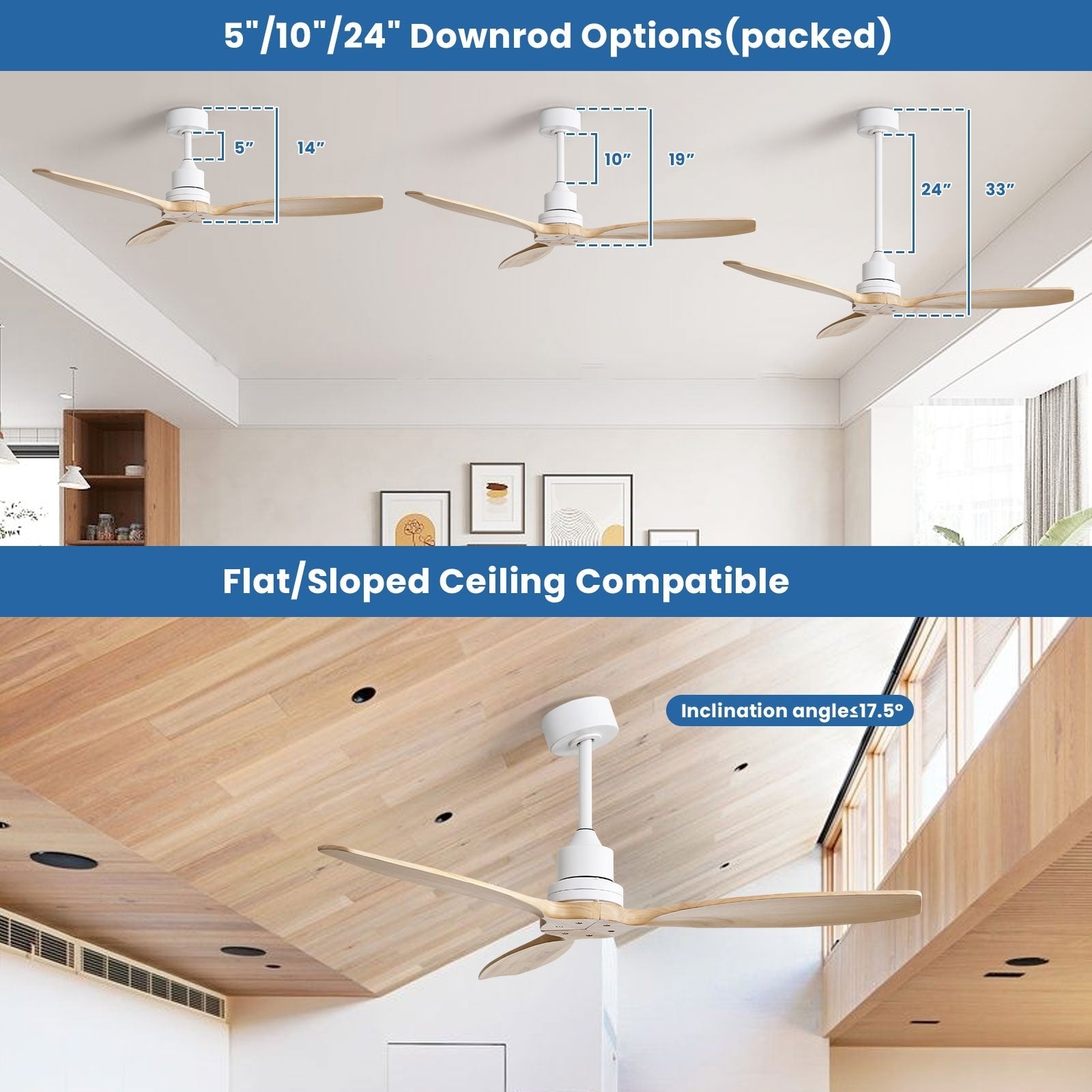 Ventilateur de plafond moderne en bois massif/ABS de 52 pouces avec télécommande (sans lumière), 6 vitesses de vent, flux d'air réversible