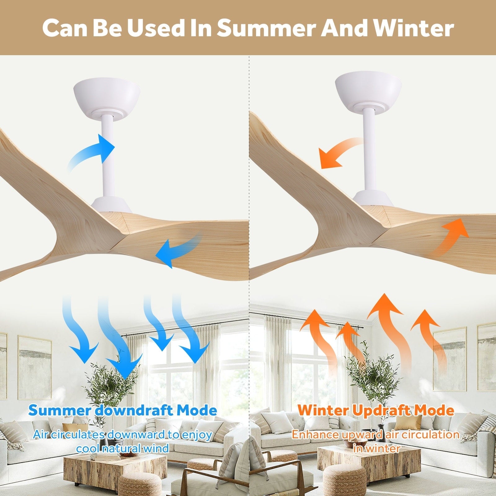 Ventilateur de plafond moderne en bois massif/ABS de 52 pouces avec télécommande (sans lumière), 6 vitesses de vent, flux d'air réversible