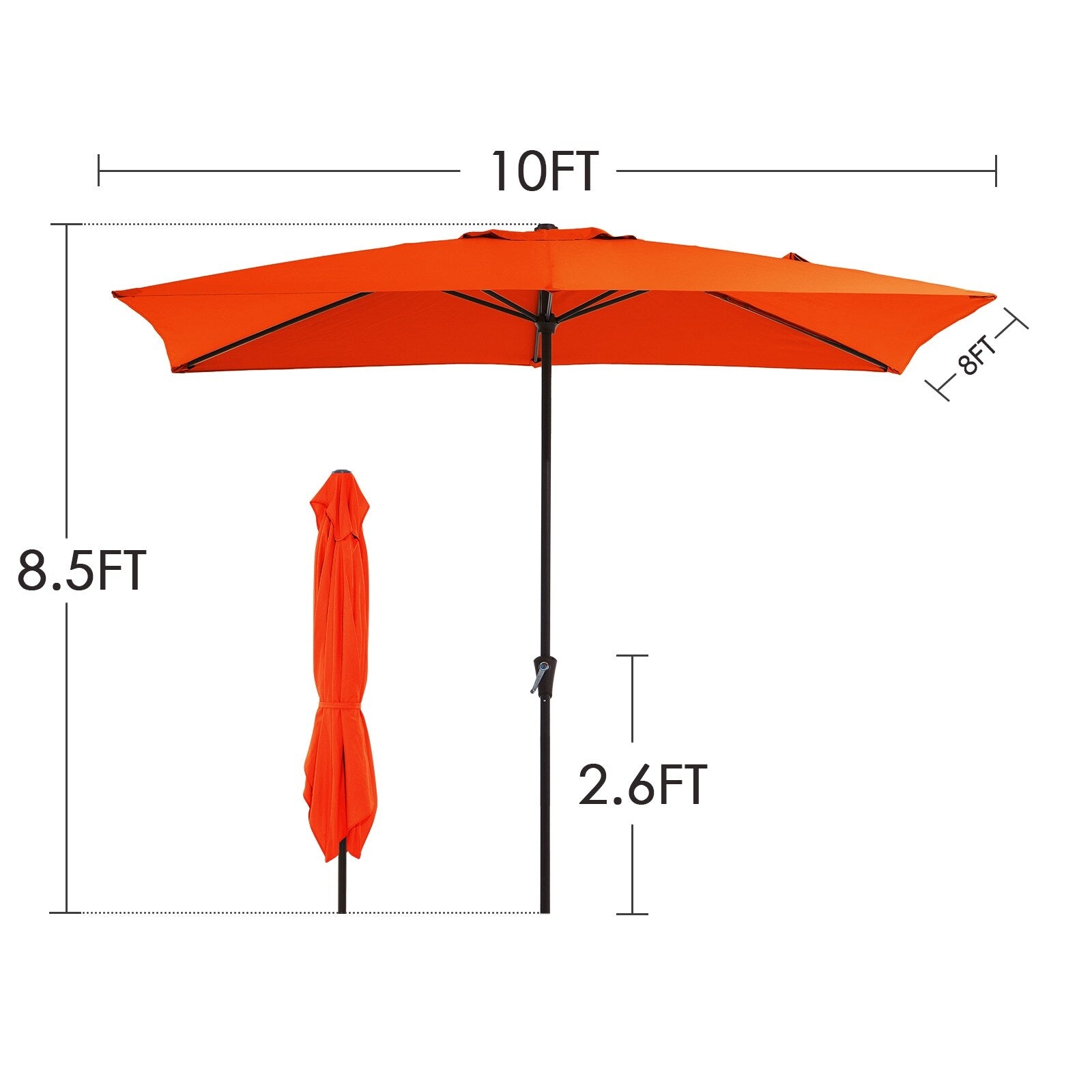 Parasol de marché rectangulaire de 8 x 10 pieds avec manivelle et inclinaison, résistant aux UV