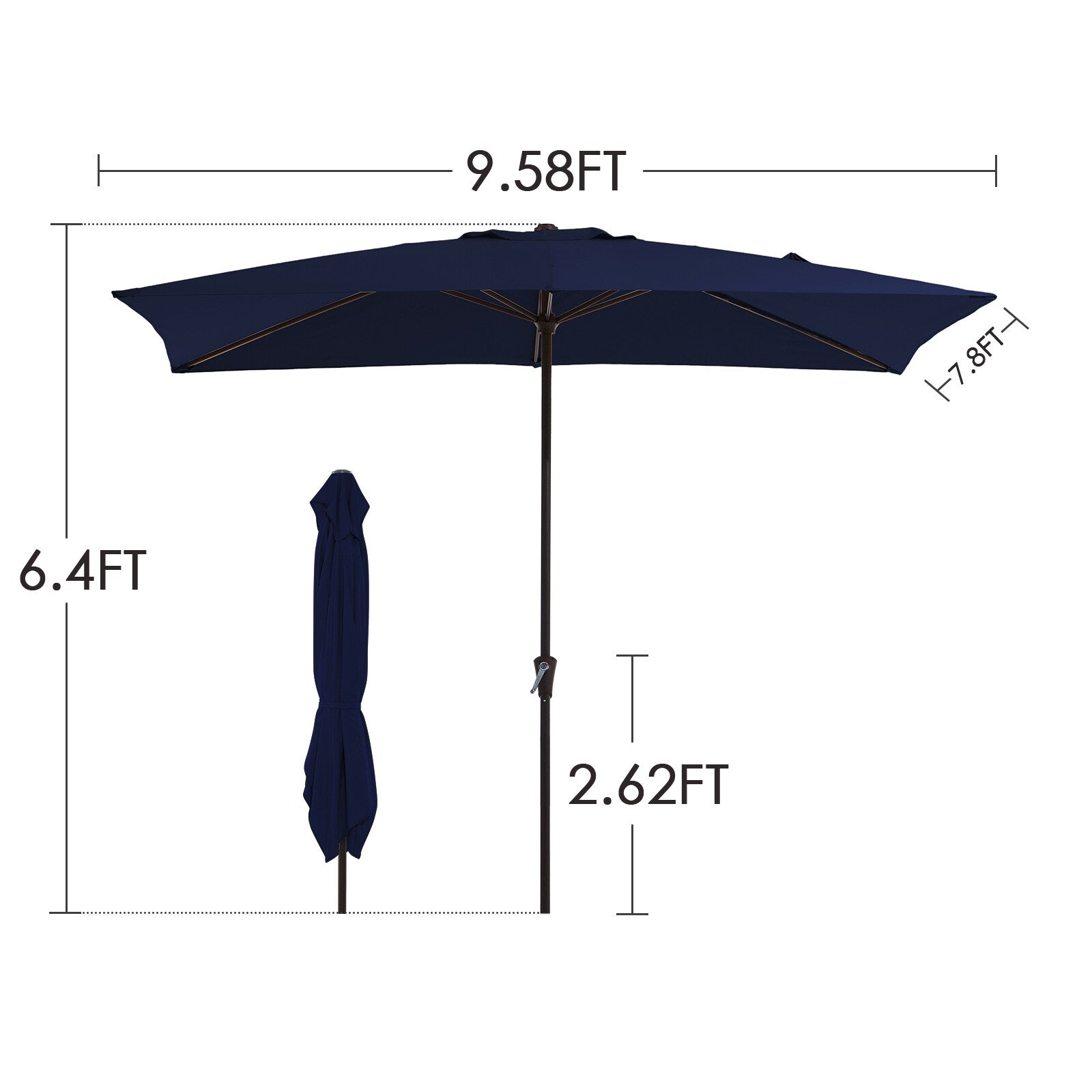 Parasol de marché rectangulaire de 8 x 10 pieds avec manivelle et inclinaison, résistant aux UV