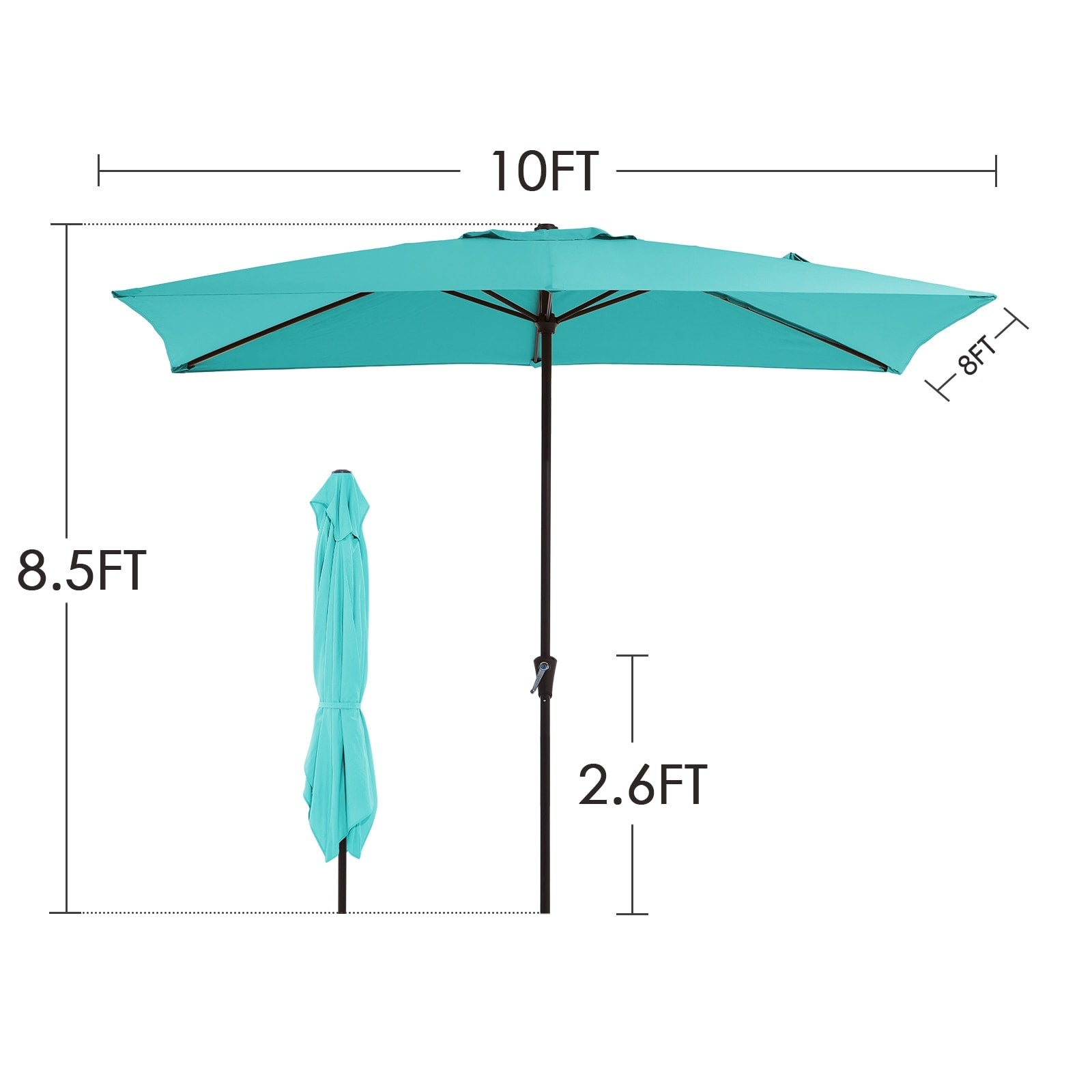 Parasol de marché rectangulaire de 8 x 10 pieds avec manivelle et inclinaison, résistant aux UV