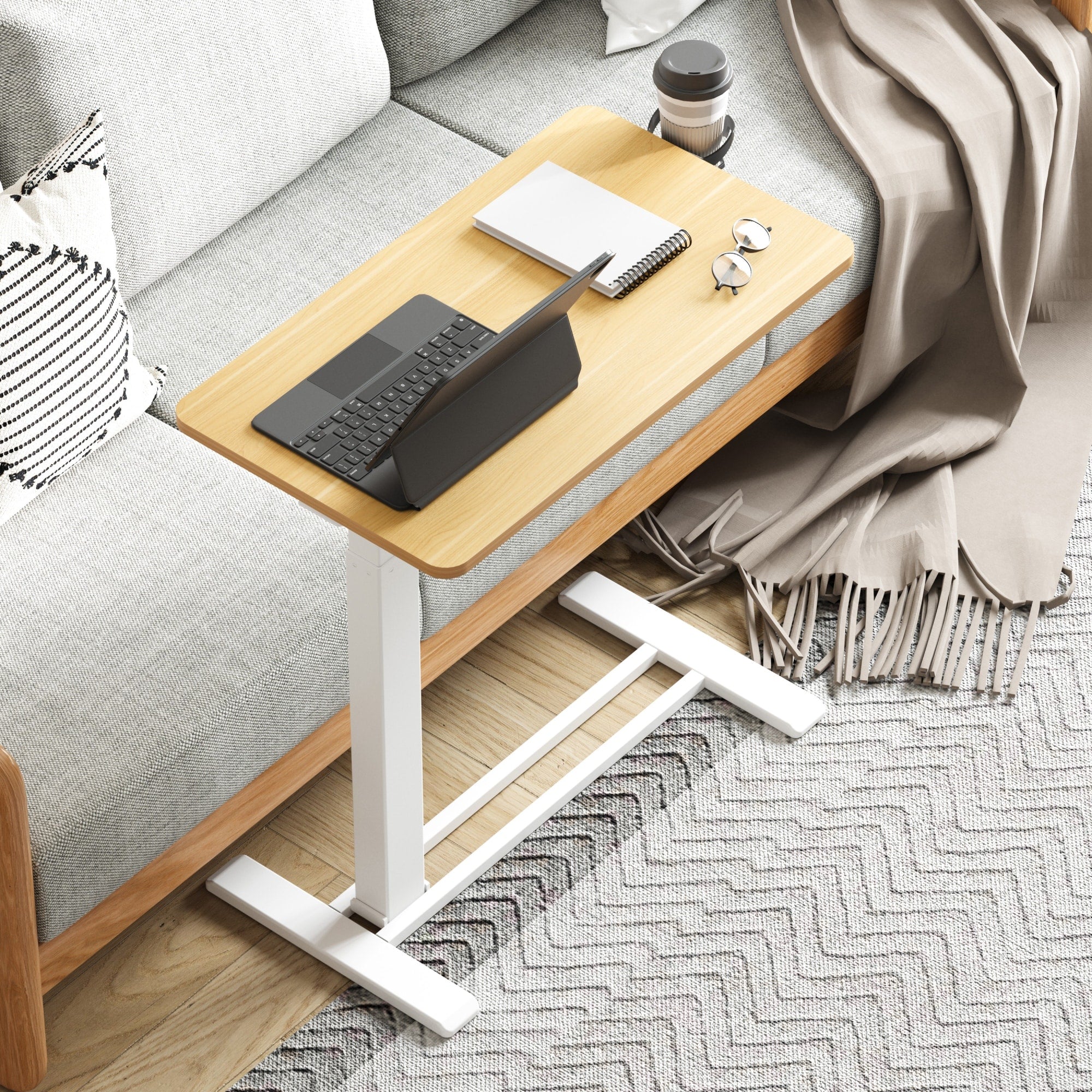 FunniHomi 28/32 Table de lit mobile à hauteur réglable avec roulettes, blanc/noir, pour ordinateur portable, pour lit et canapé