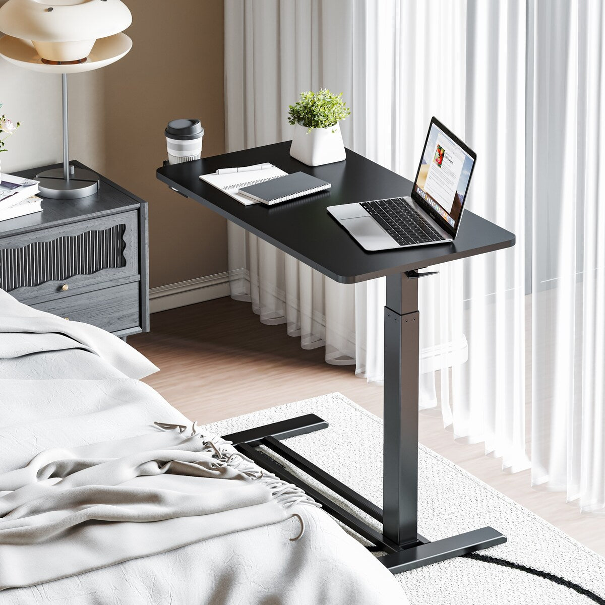 FunniHomi 28/32 Table de lit mobile à hauteur réglable avec roulettes, blanc/noir, pour ordinateur portable, pour lit et canapé