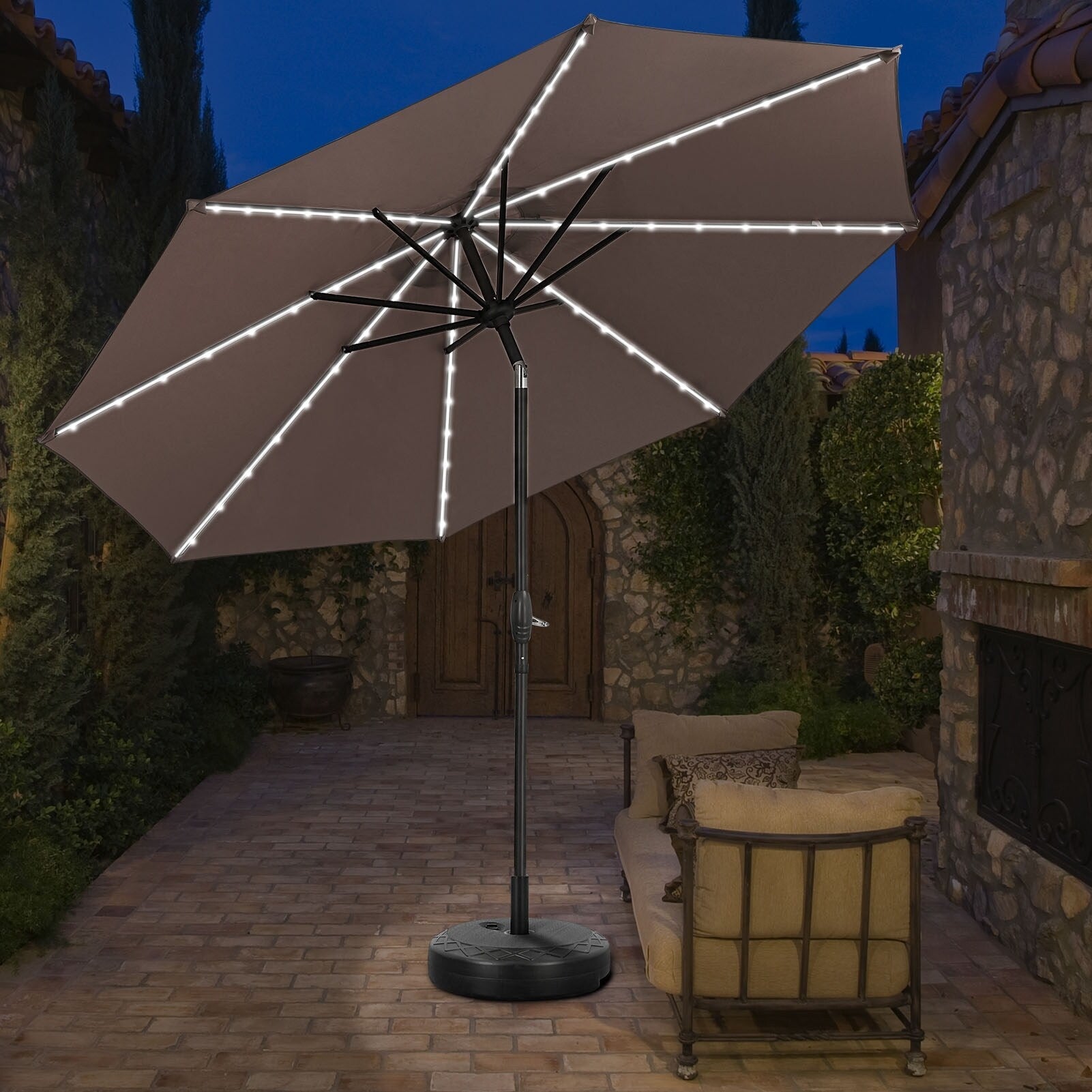 Parasol de patio Ainfox de 10 pieds avec lumières Parasol solaire d'extérieur sans base