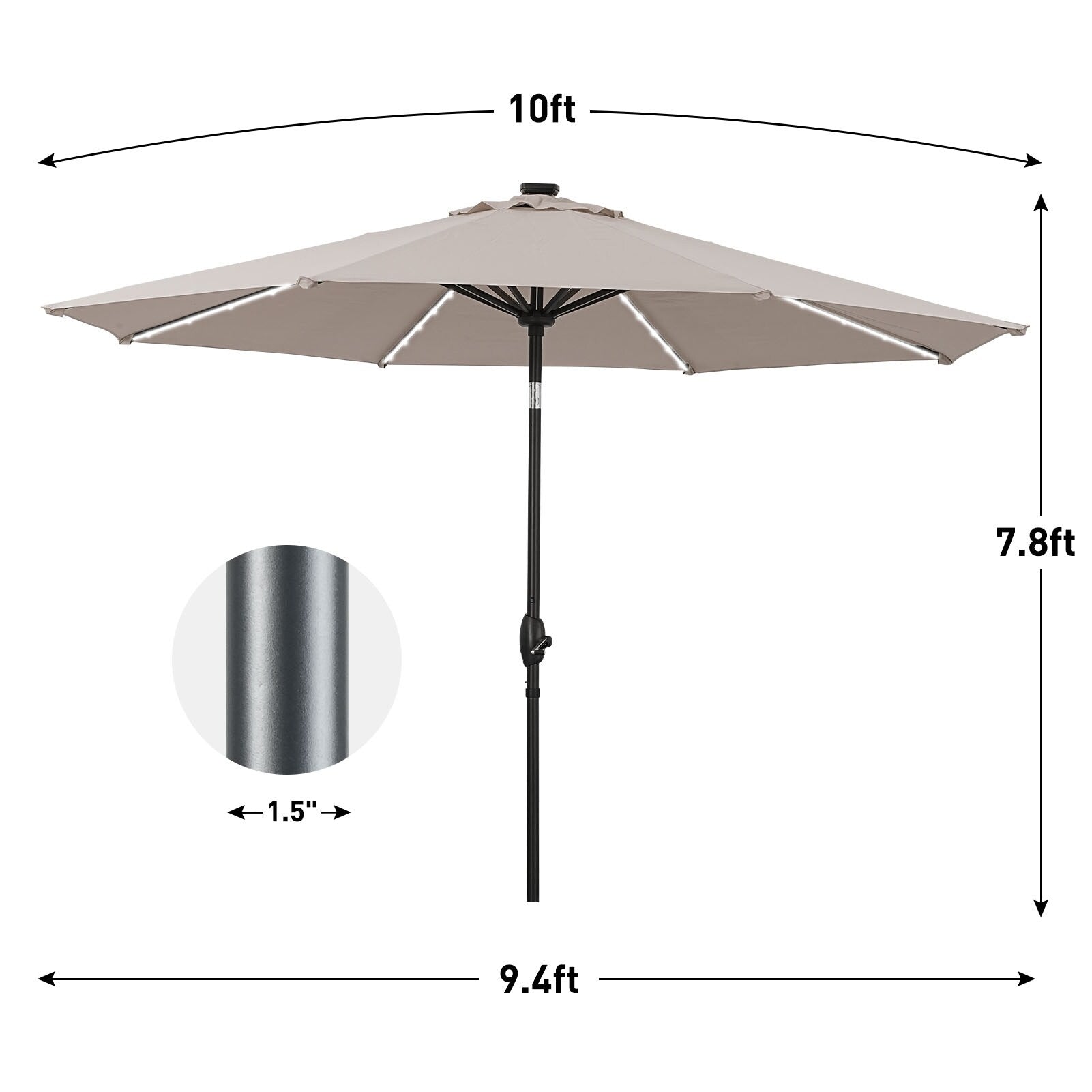 Parasol de patio Ainfox de 10 pieds avec lumières Parasol solaire d'extérieur sans base