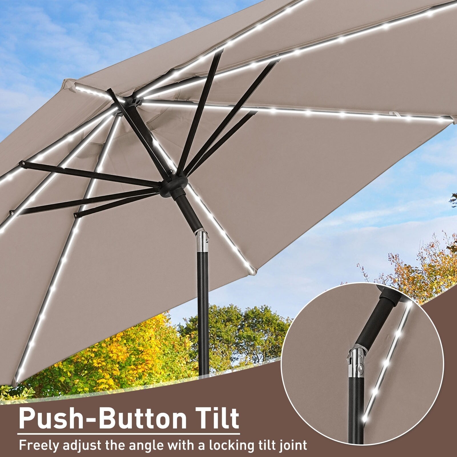 Parasol de patio Ainfox de 10 pieds avec lumières Parasol solaire d'extérieur sans base