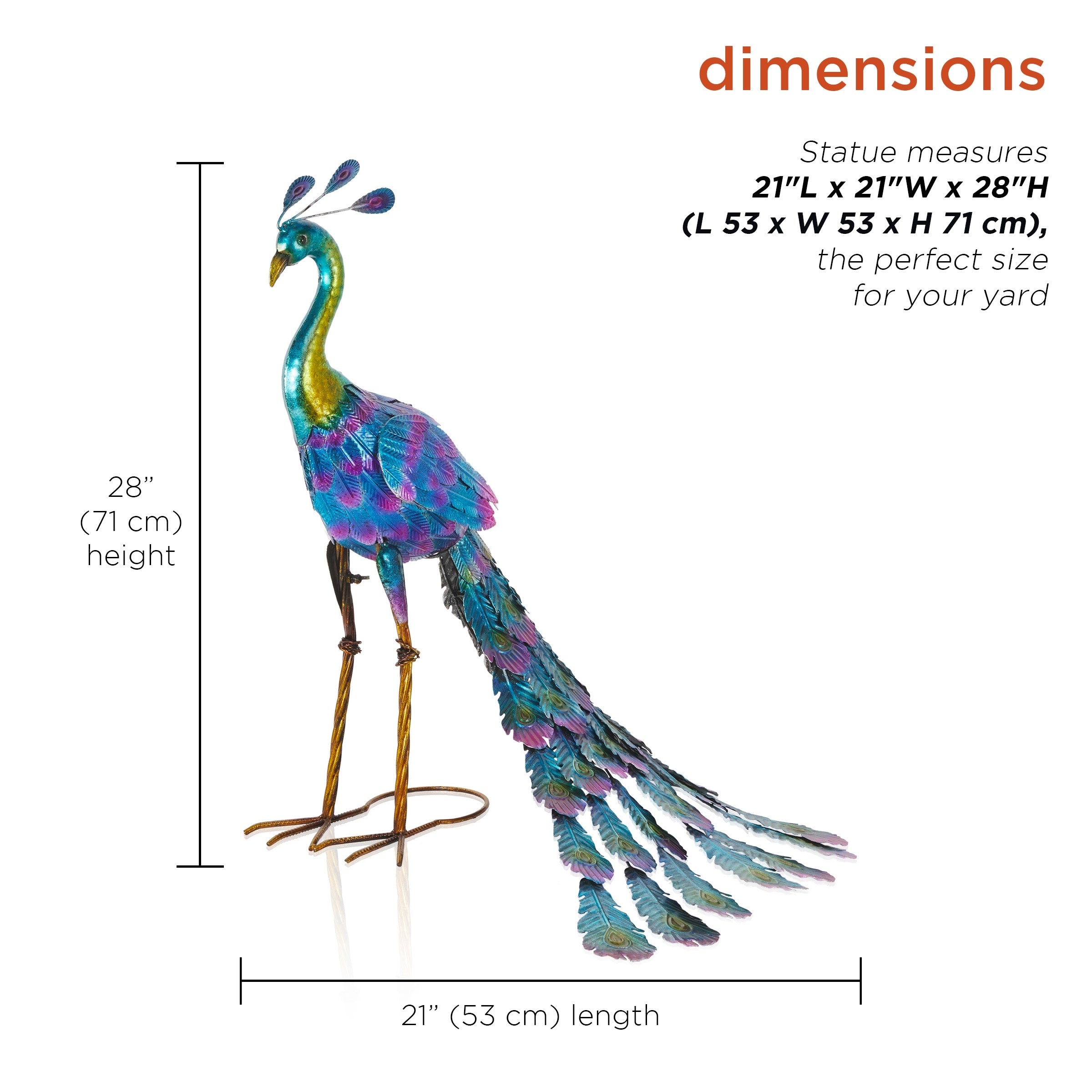 Statue de paon métallique d'extérieur de grande taille, multicolore, pour décoration de jardin