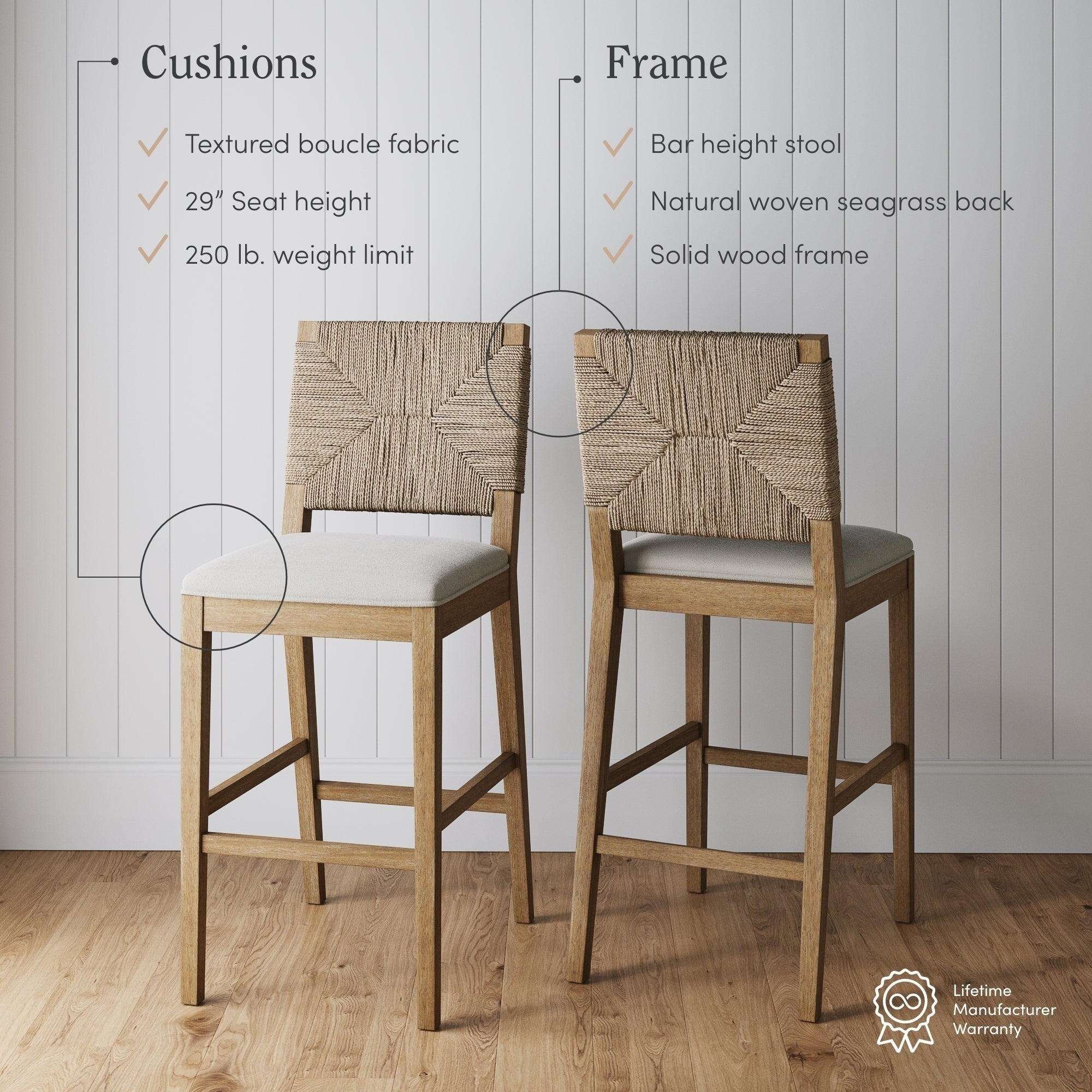 Tabouret de bar Beacon Bohemian Boucle, chaise de comptoir rembourrée avec cadre en bois massif et dossier en jonc de mer tressé