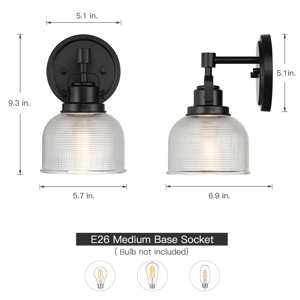 Applique murale de salle de bain noire avec abat-jour en verre prismatique transparent