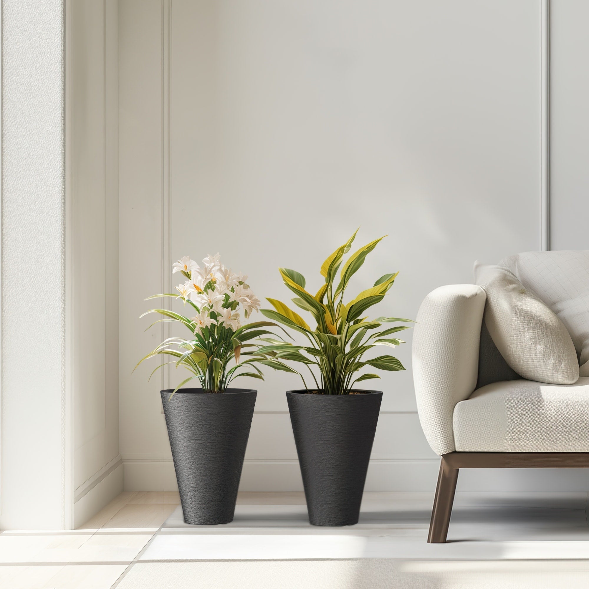 Grands pots de fleurs ronds en plastique noir pour intérieur et extérieur, lot de 2