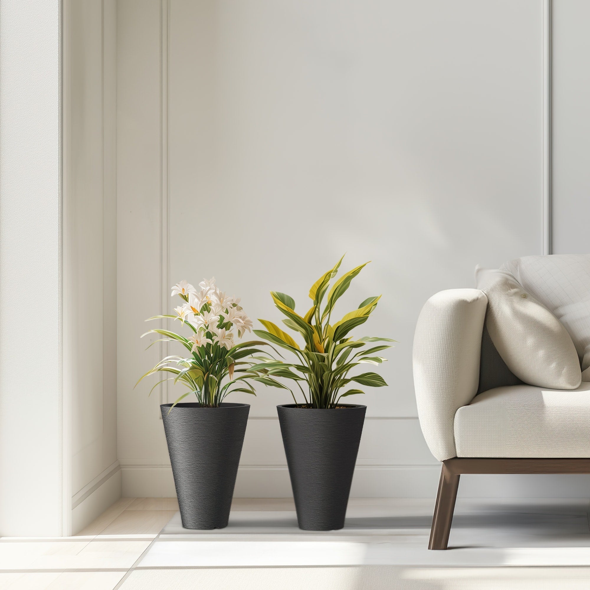 Grands pots de fleurs ronds en plastique noir pour intérieur et extérieur, lot de 2