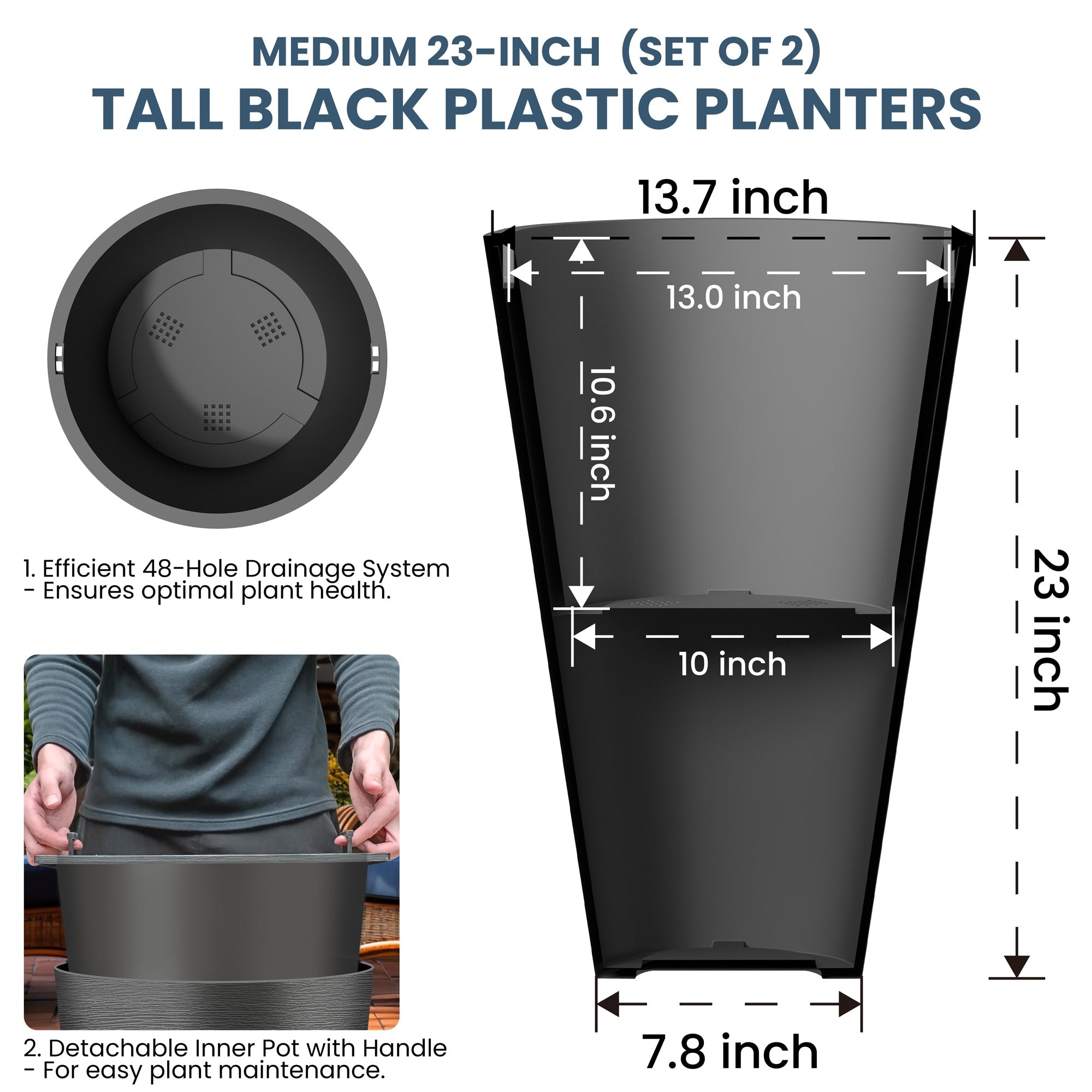 Grands pots de fleurs ronds en plastique noir pour intérieur et extérieur, lot de 2