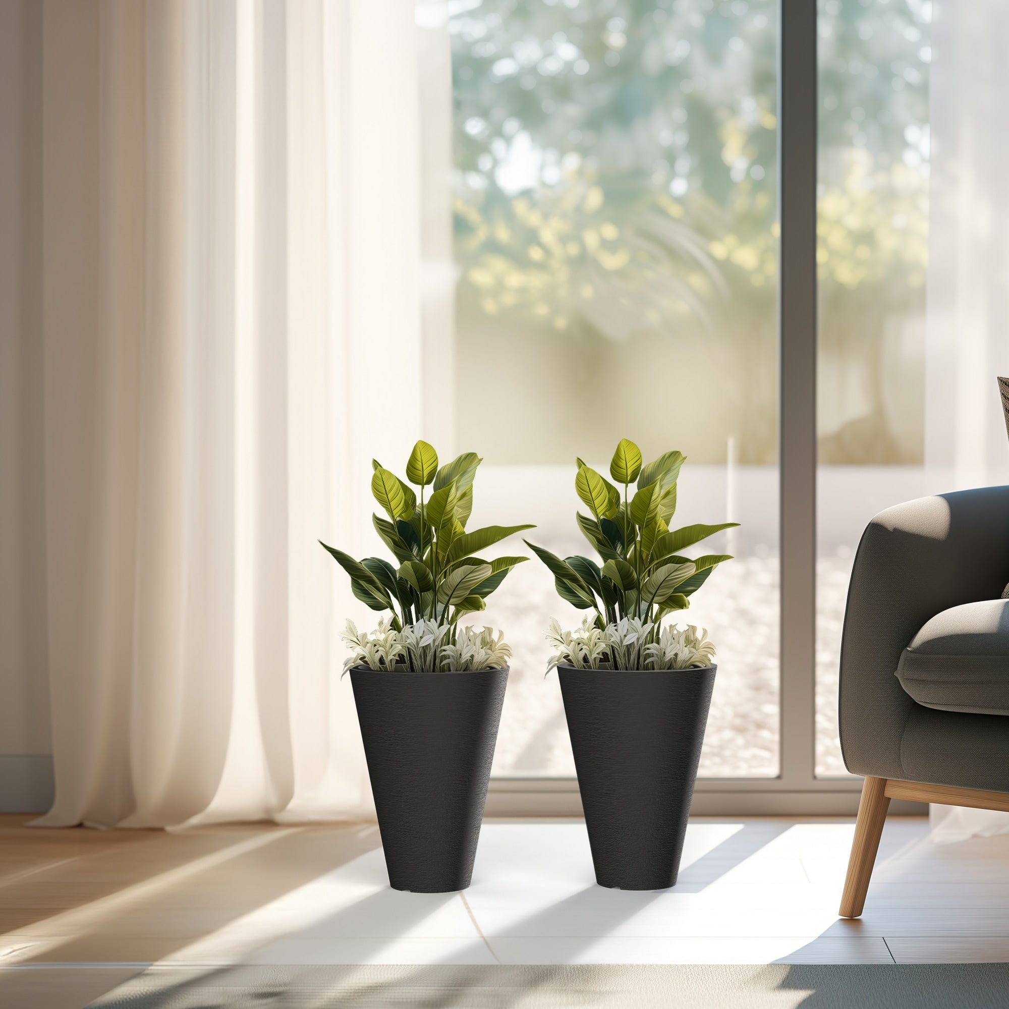 Grands pots de fleurs ronds en plastique noir pour intérieur et extérieur, lot de 2