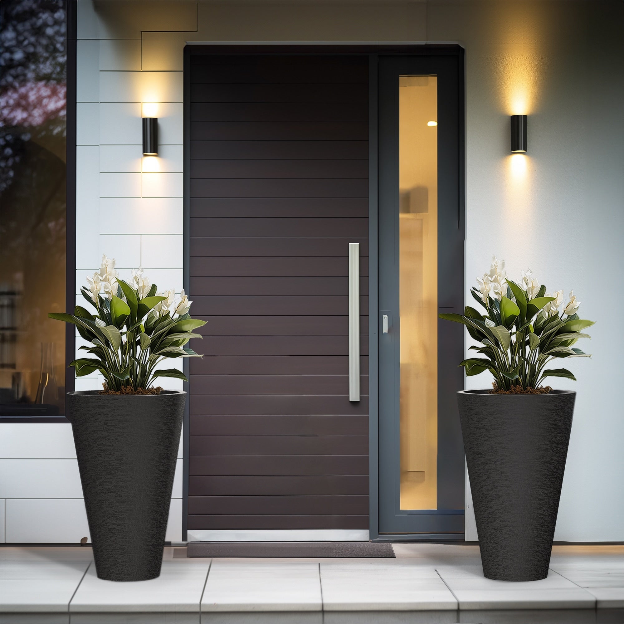 Grands pots de fleurs ronds en plastique noir pour intérieur et extérieur, lot de 2