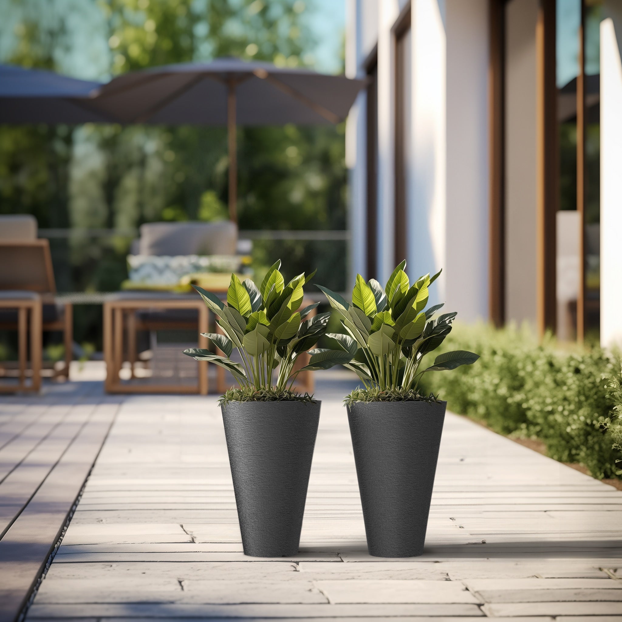 Grands pots de fleurs ronds en plastique noir pour intérieur et extérieur, lot de 2