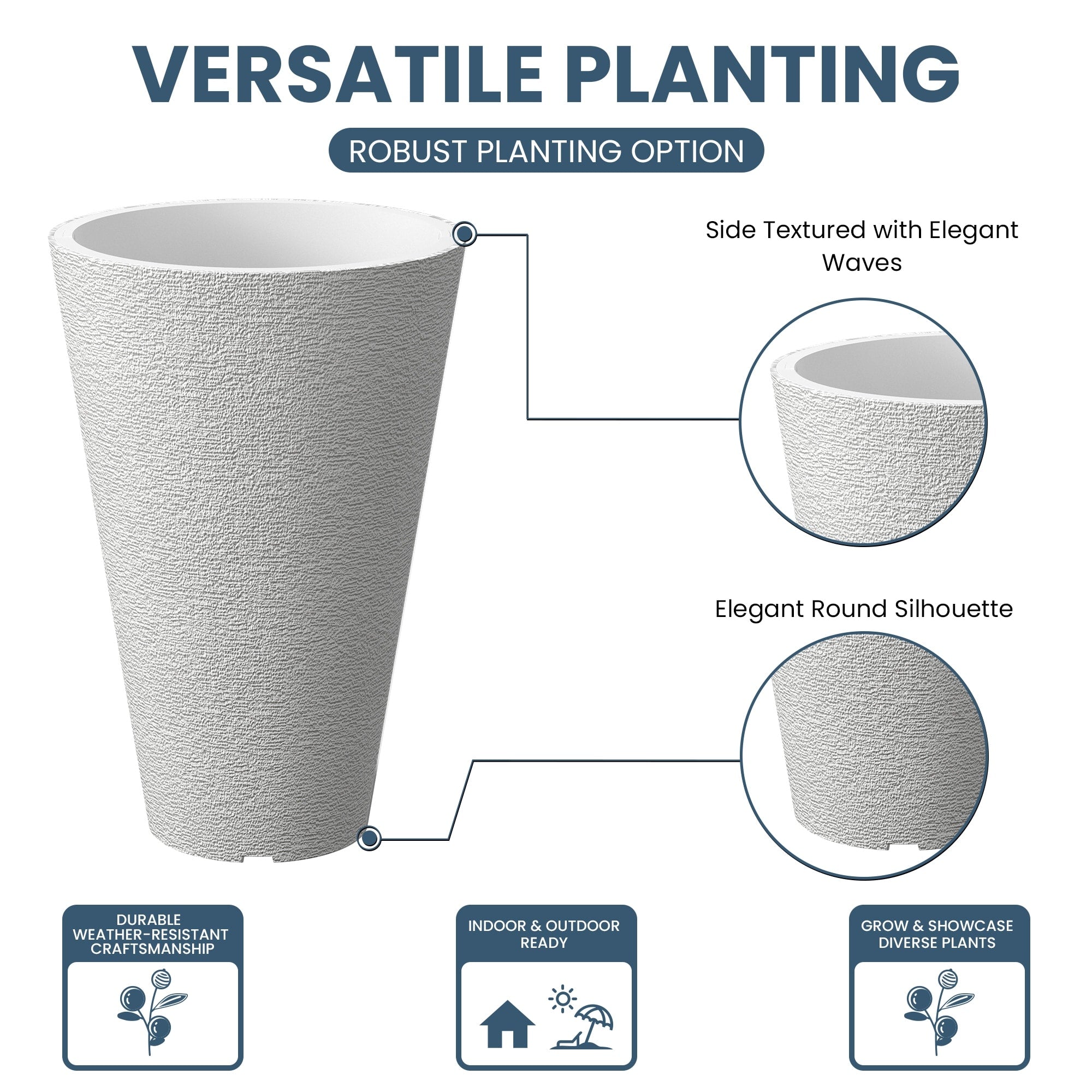 Grands pots de fleurs ronds en plastique noir pour intérieur et extérieur, lot de 2