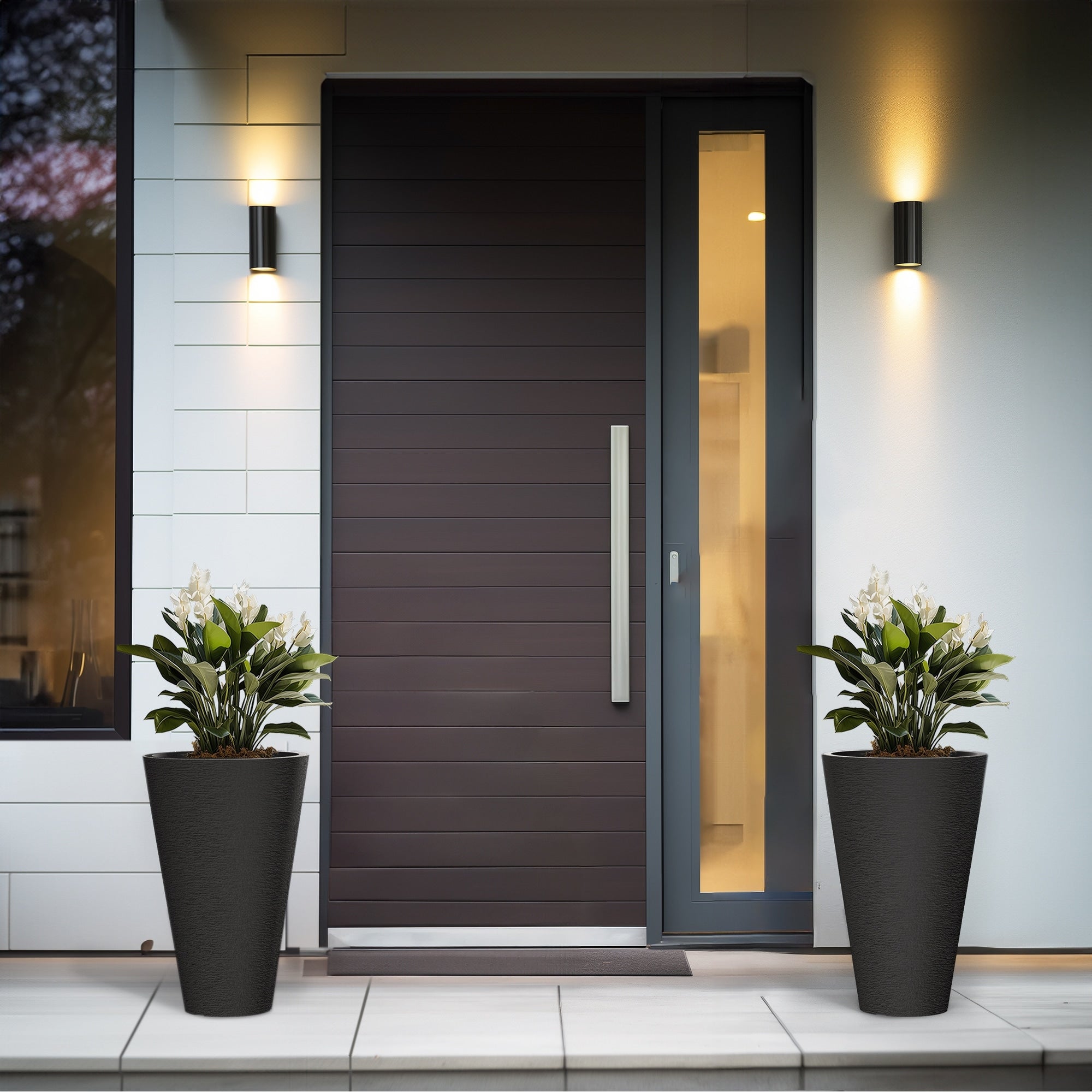 Grands pots de fleurs ronds en plastique noir pour intérieur et extérieur, lot de 2