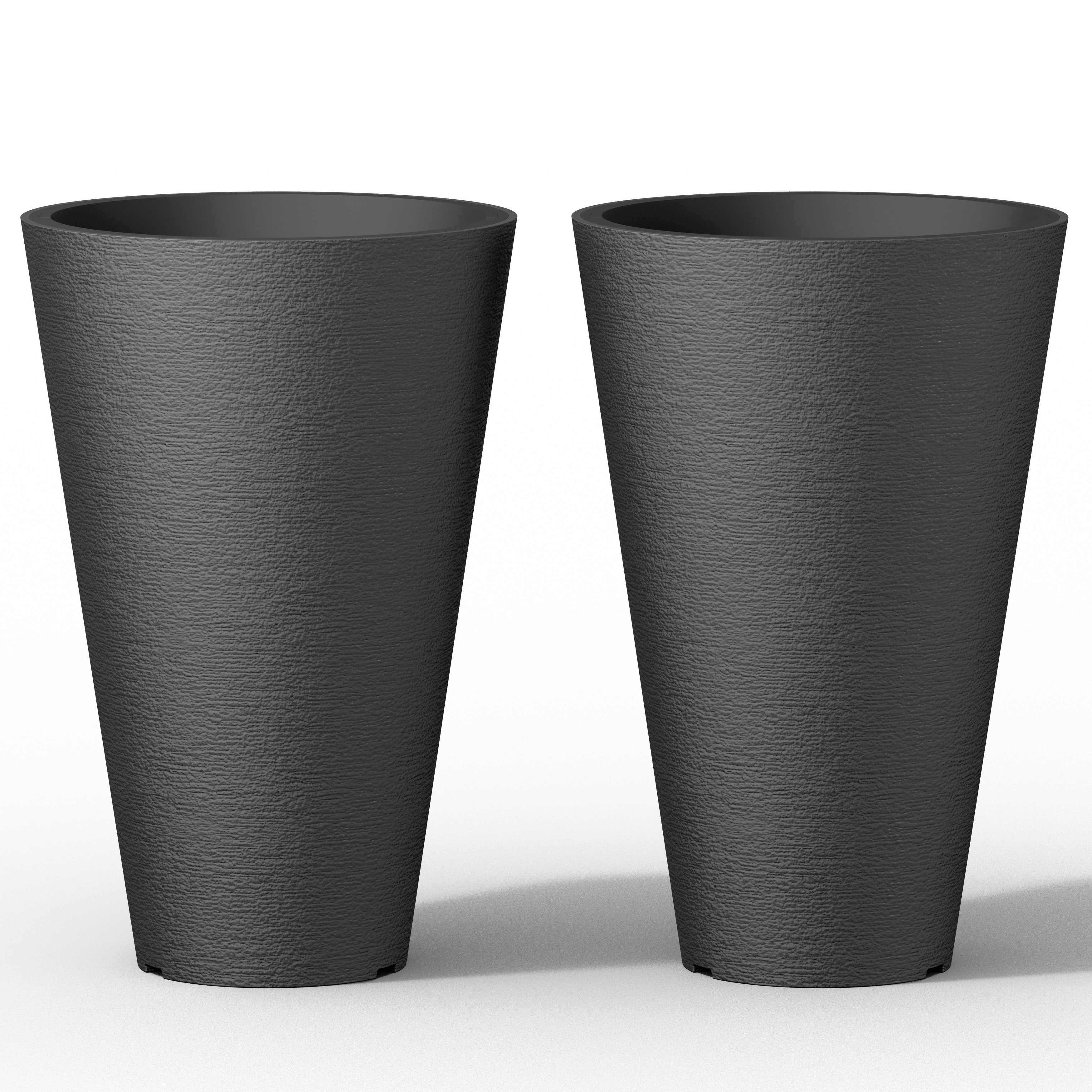 Grands pots de fleurs ronds en plastique noir pour intérieur et extérieur, lot de 2