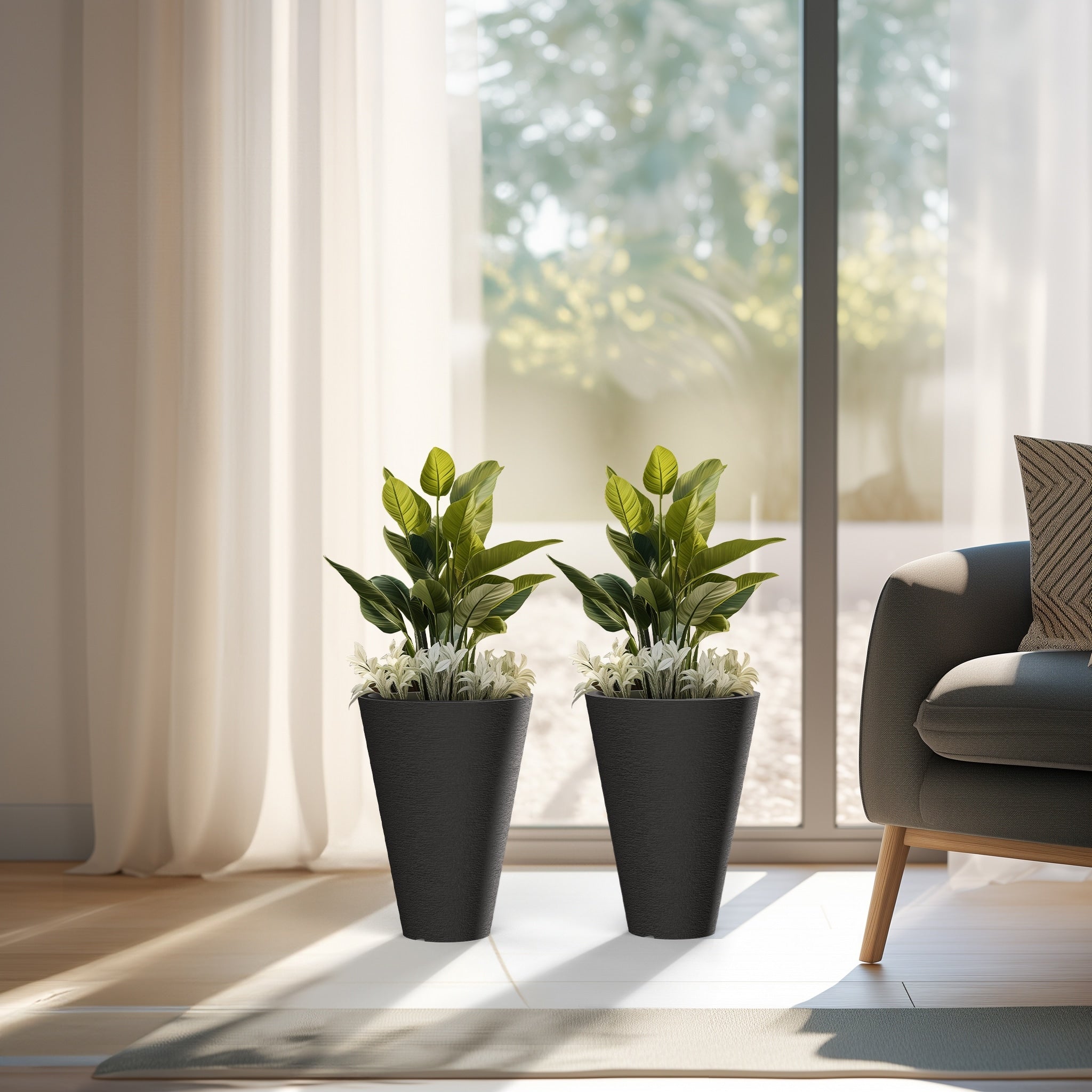 Grands pots de fleurs ronds en plastique noir pour intérieur et extérieur, lot de 2