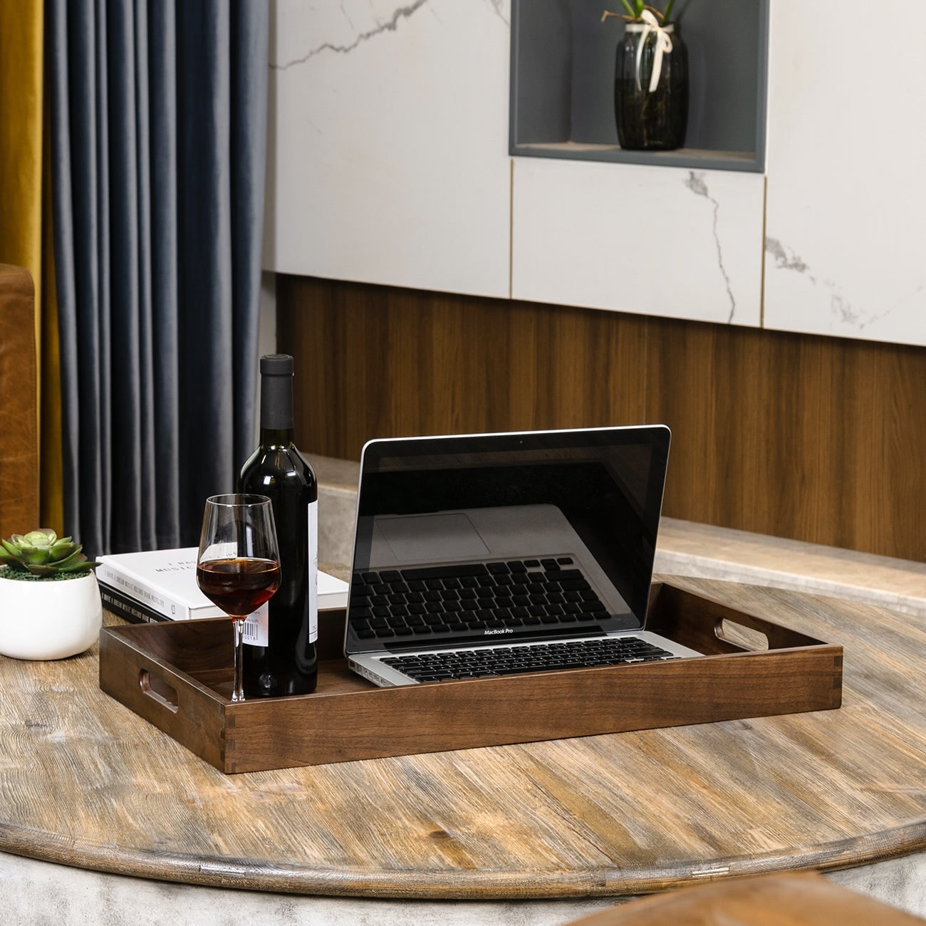 Plateau de service rectangulaire en bois de noyer noir KINWELL Plateau ottoman