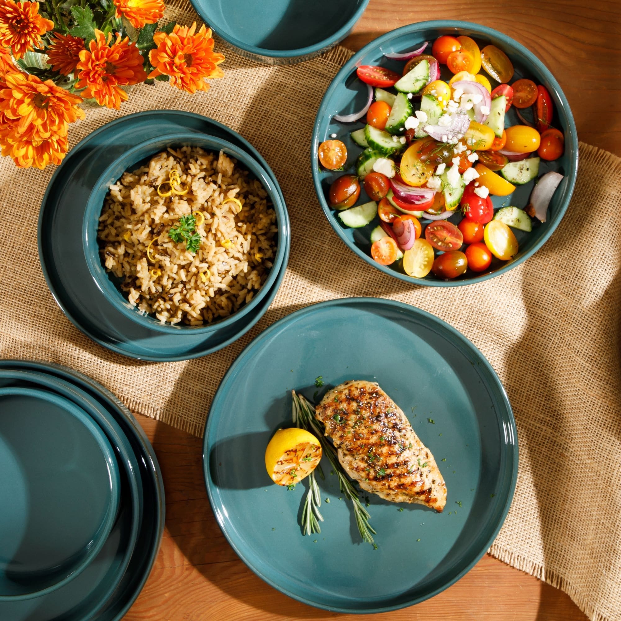 Service de table Bloomhouse Santorini Mist, 16 pièces, assiettes et bols doubles en terre cuite avec glaçure réactive