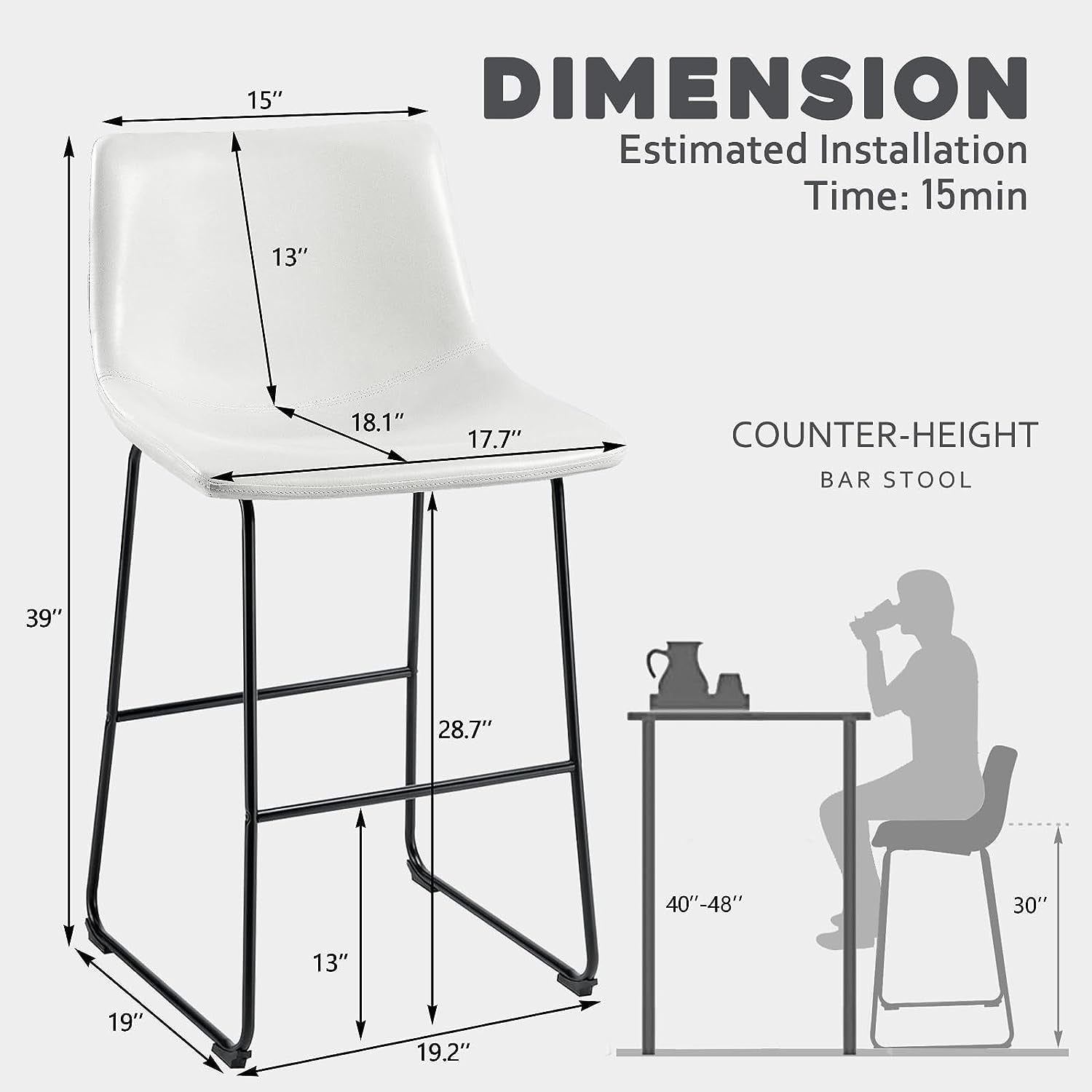 Tabourets de bar Bossin 18/26/30 pouces, tabourets de bar à hauteur de comptoir avec dossier, tabourets modernes en cuir PU, chaise de salle à manger avec repose-pieds