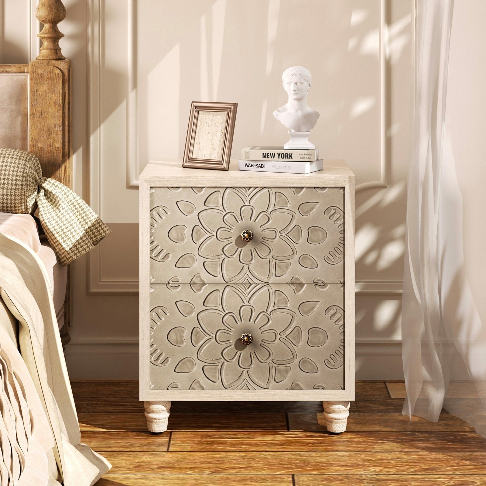 Table de chevet en bois massif marron vintage COSIEST avec tiroirs