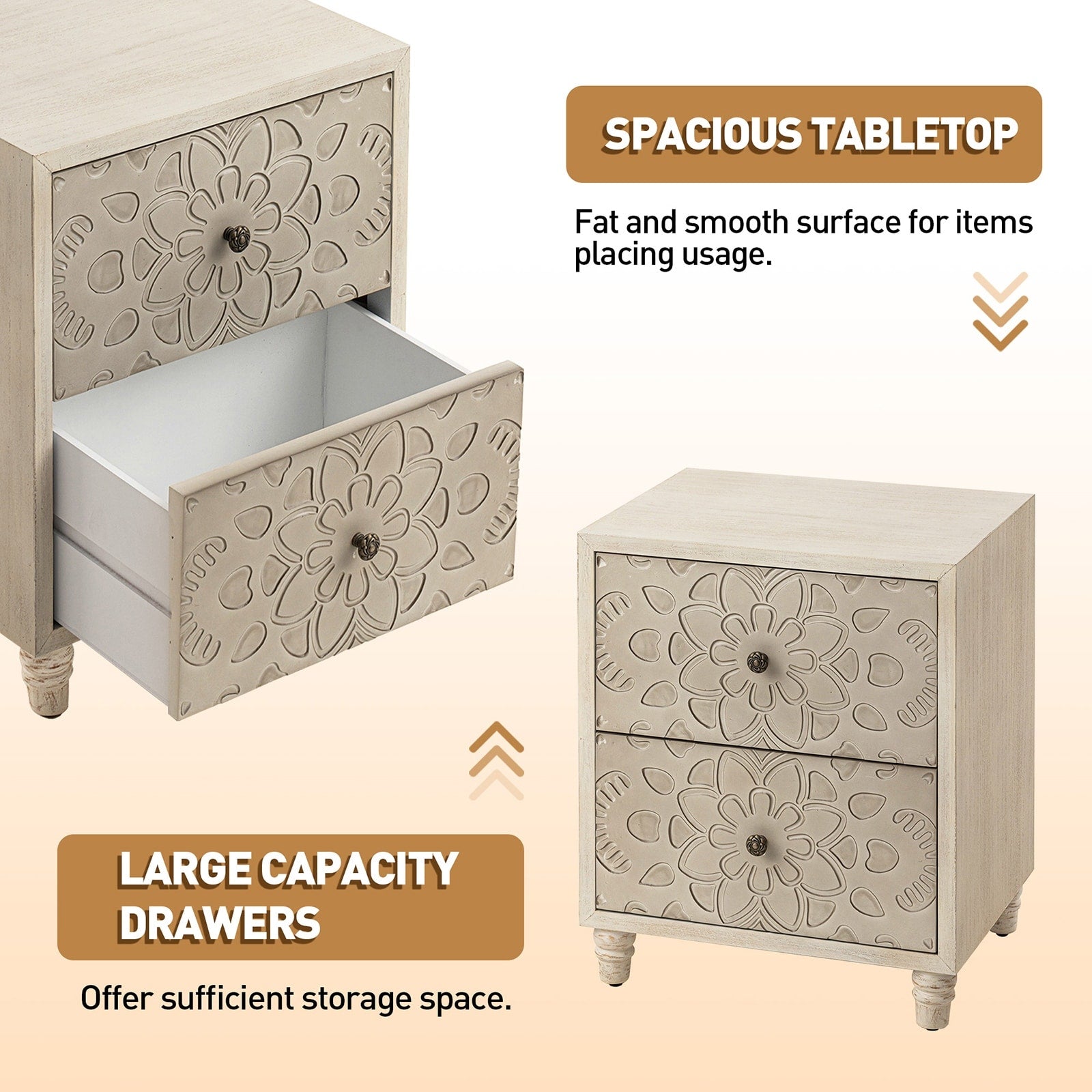 Table de chevet en bois massif marron vintage COSIEST avec tiroirs