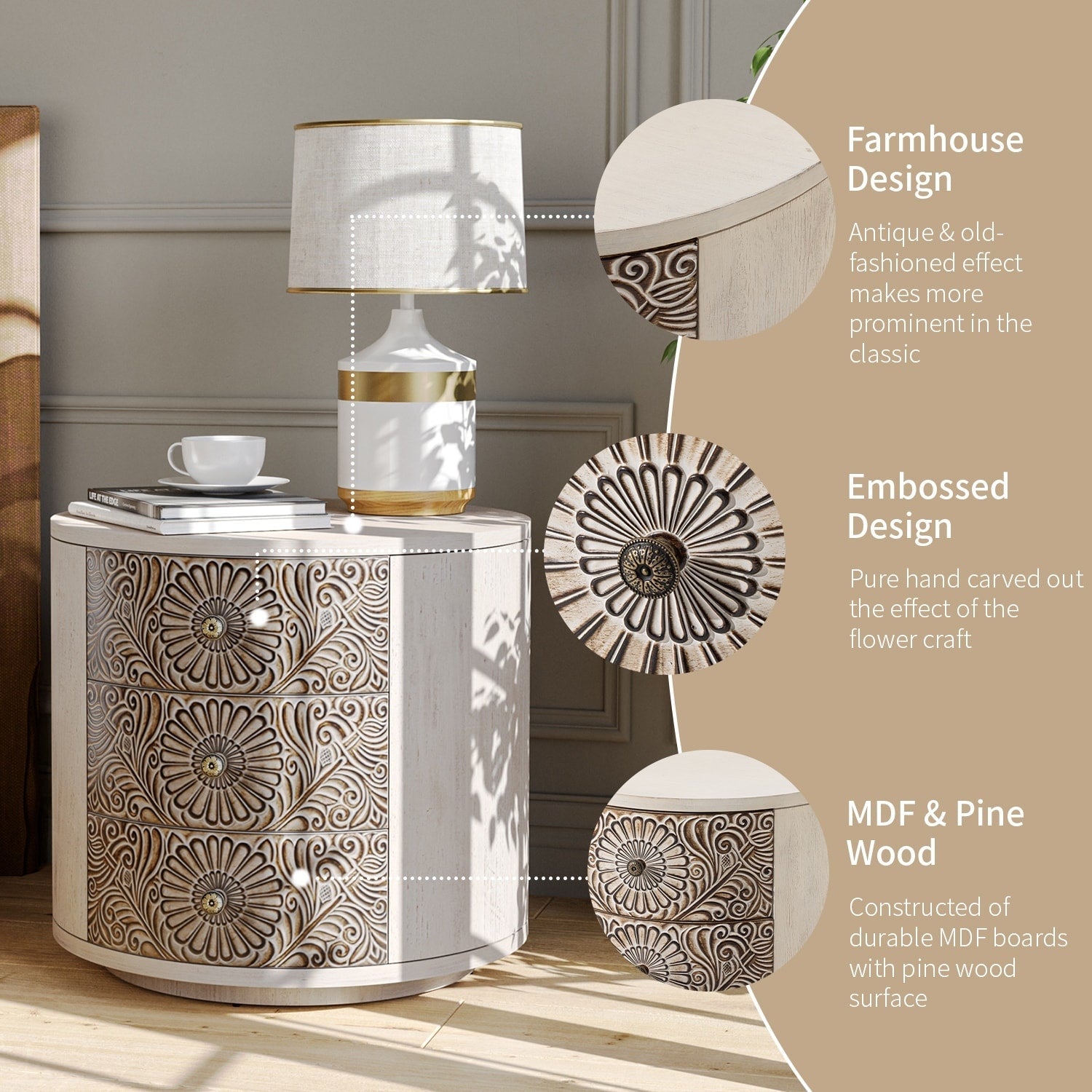 Table de chevet en bois massif marron vintage COSIEST avec tiroirs