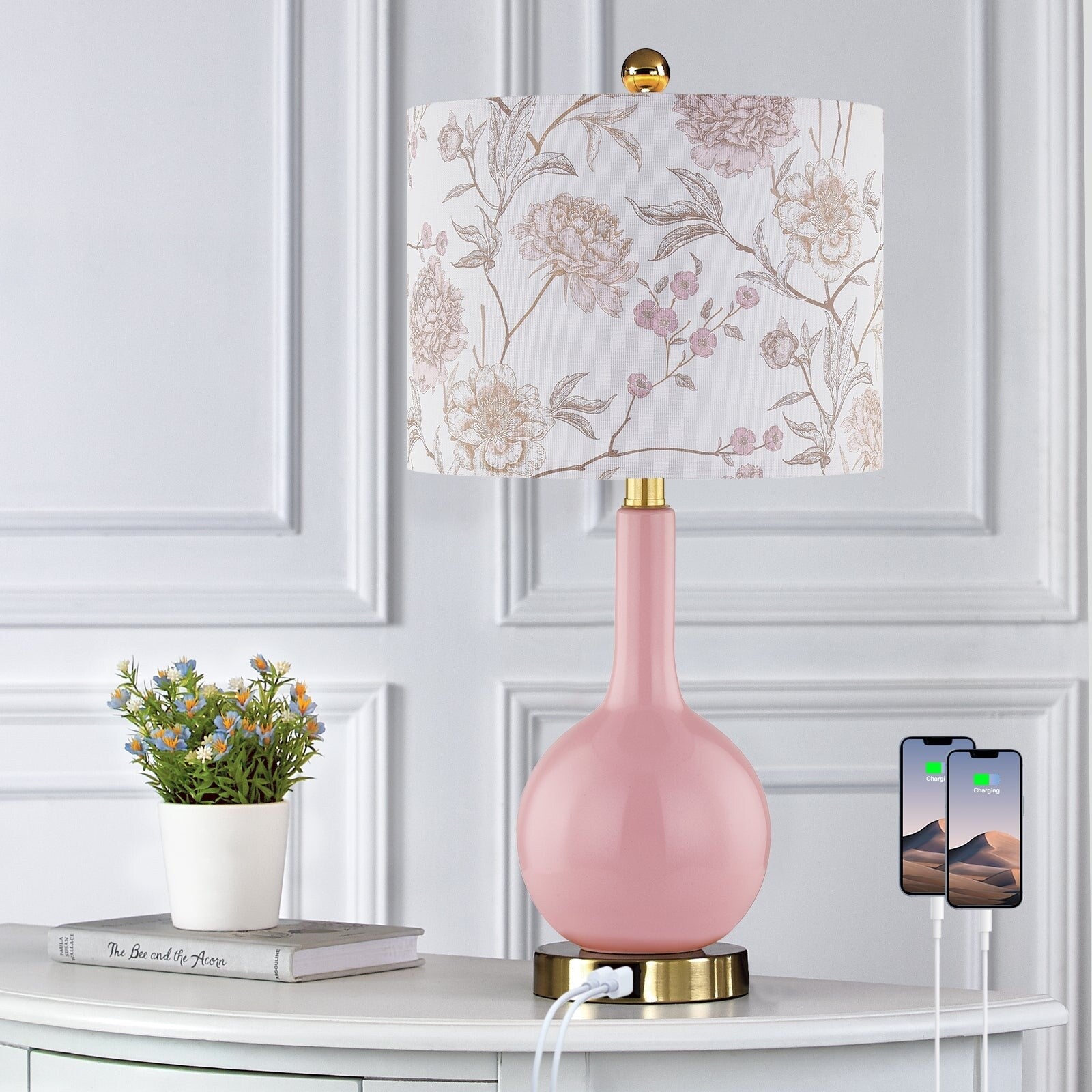 Lampe de table en céramique rose avec variateur tactile à 3 positions et deux ports de charge USB - 12'' x 12'' x 24'' (L x l x H)