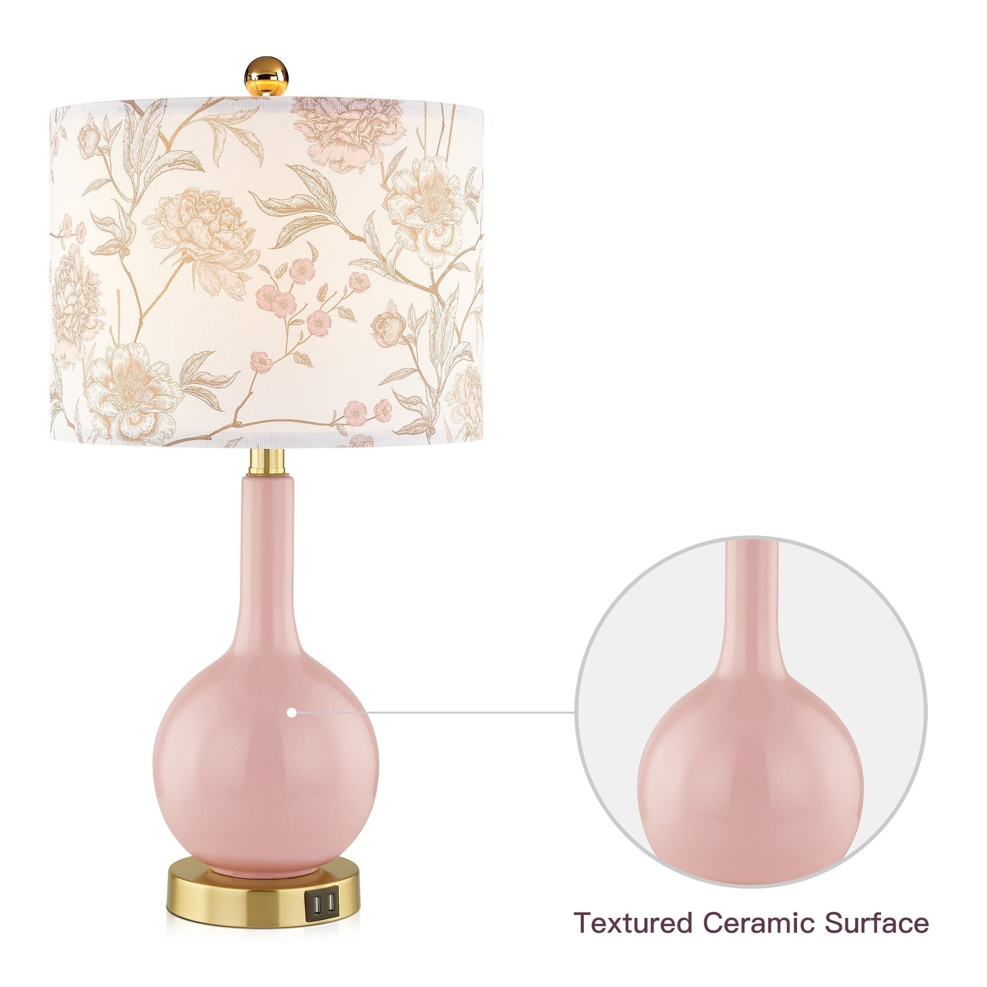 Lampe de table en céramique rose avec variateur tactile à 3 positions et deux ports de charge USB - 12'' x 12'' x 24'' (L x l x H)