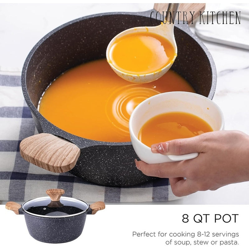 Batterie de cuisine antiadhésive en fonte d'aluminium Country Kitchen - Batterie de cuisine durable pour la cuisine quotidienne, 6 à 11 pièces