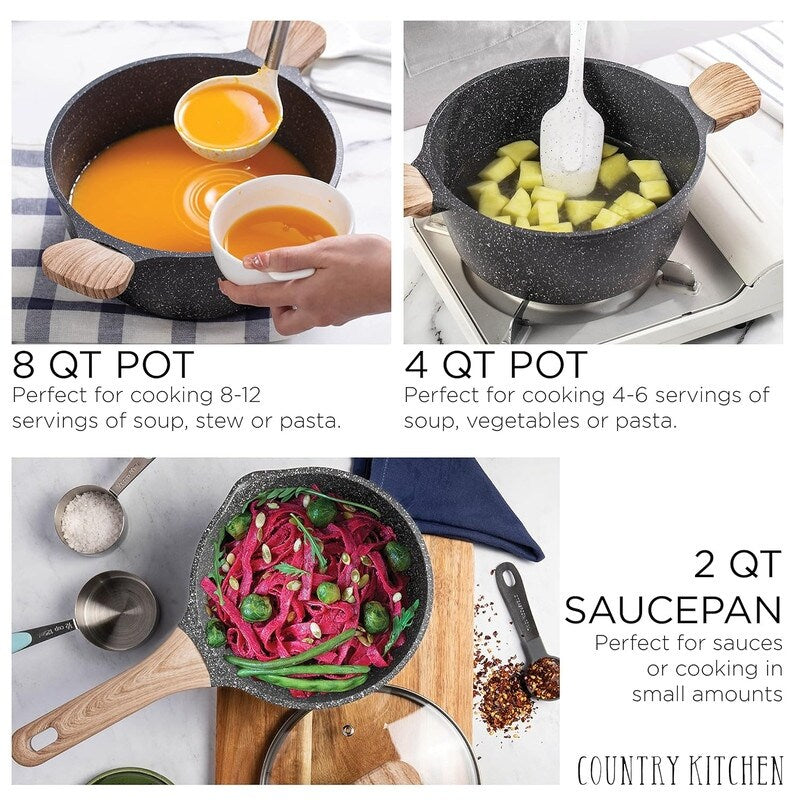 Batterie de cuisine antiadhésive en fonte d'aluminium Country Kitchen - Batterie de cuisine durable pour la cuisine quotidienne, 6 à 11 pièces