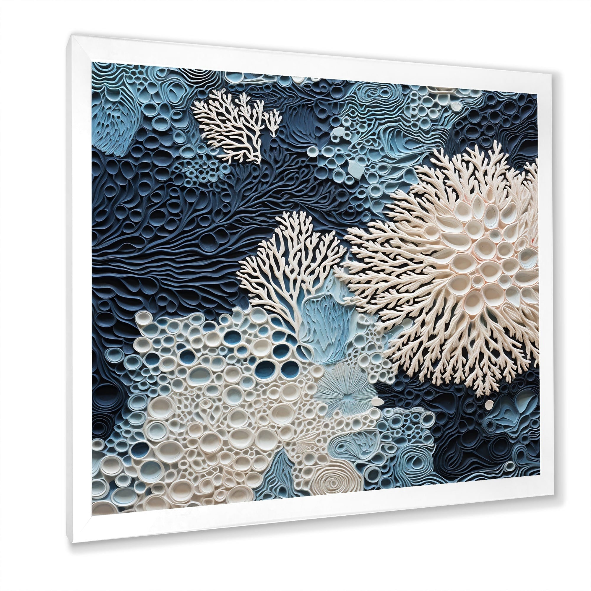 Designart Under Water Blue And White Corals Collage Coastal Framed Wall Art