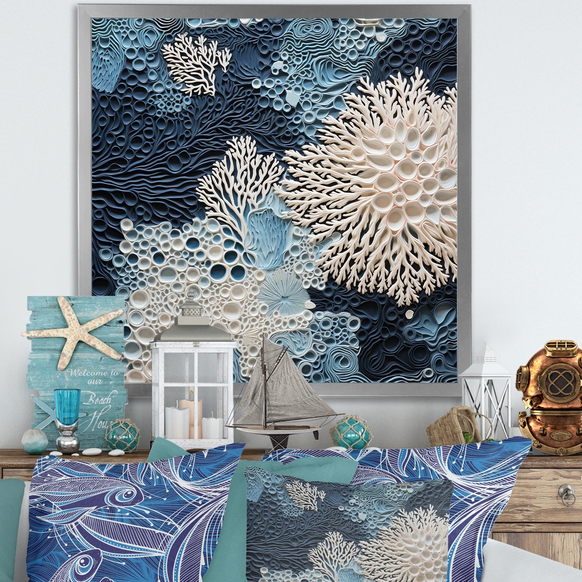Designart Under Water Blue And White Corals Collage Coastal Framed Wall Art