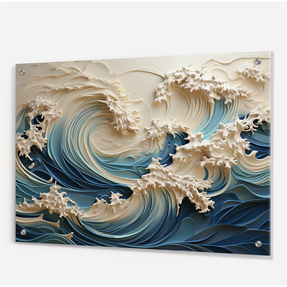 Décoration murale brillante Designart en papier découpé motif vagues blanches et bleues style III - Décoration murale en acrylique pour chambre à coucher